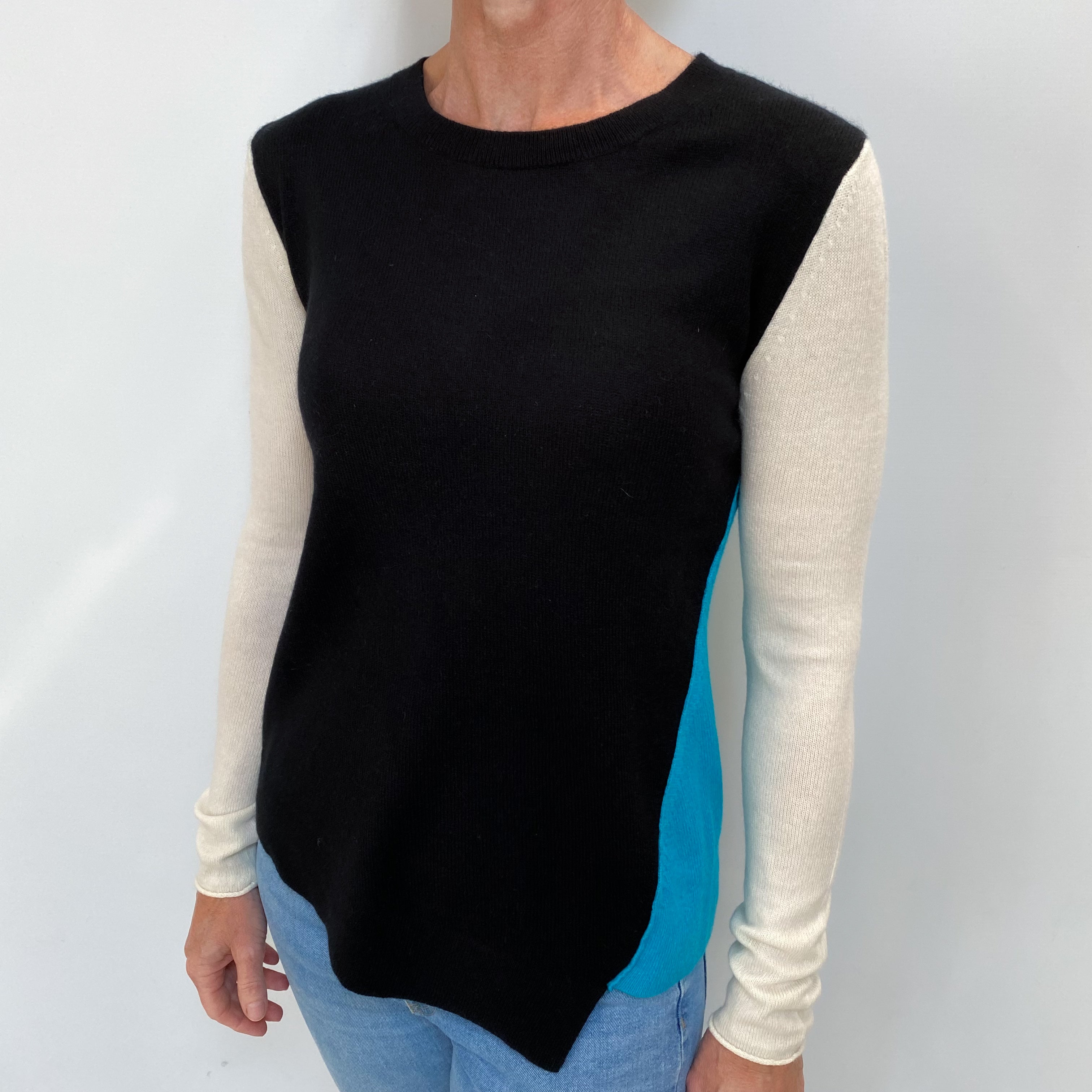 Black Cream and Turquoise Cashmere Crew Neck Jumper Small