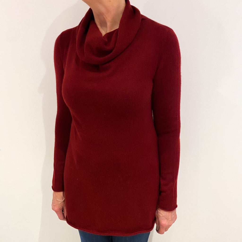 Maroon Red Cashmere Cowl Neck Tunic Jumper Medium