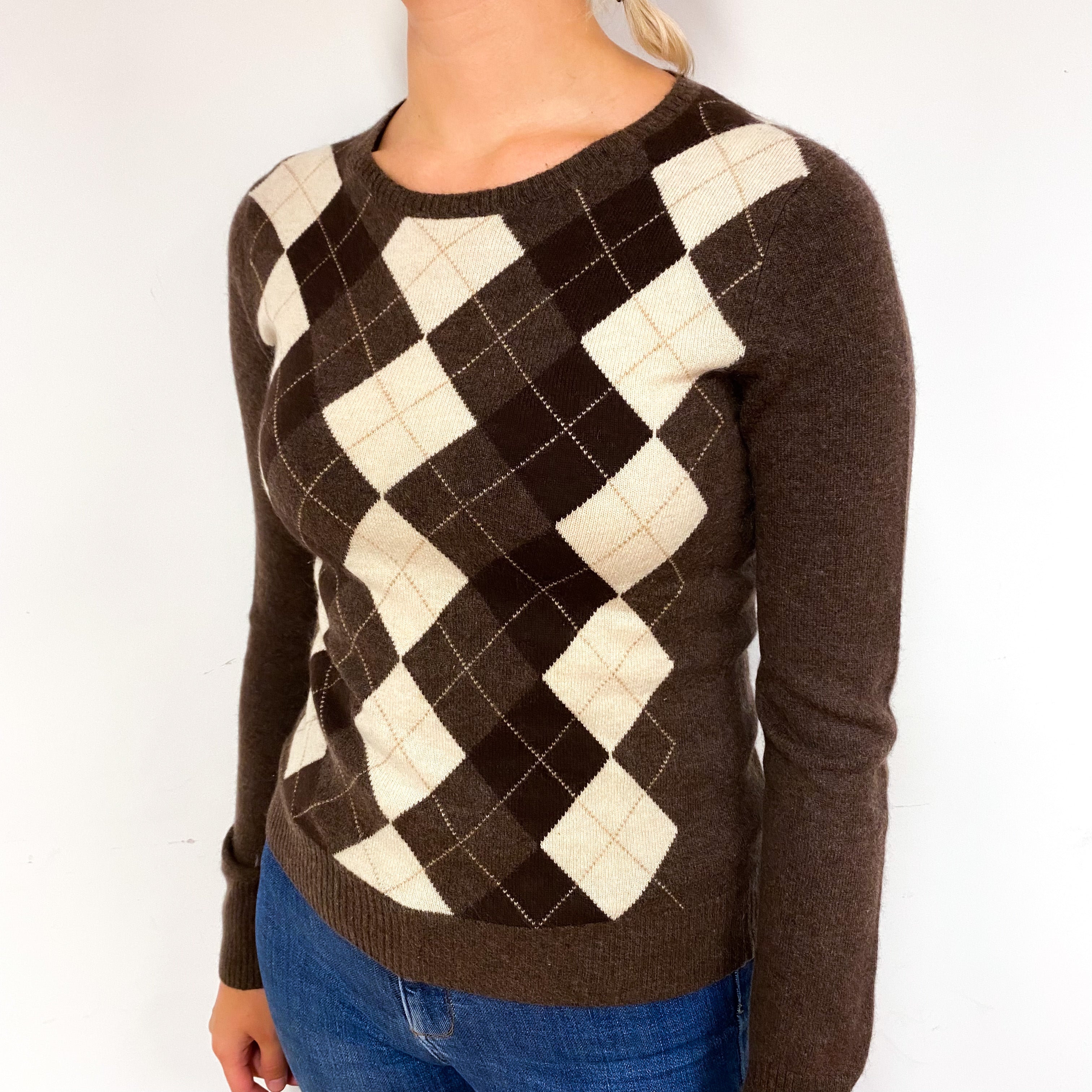 Mole Brown Cream Diamond Cashmere Crew Neck Jumper Small