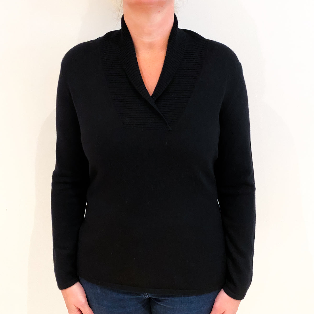 Black Cashmere Shawl Collared Neck Jumper Large