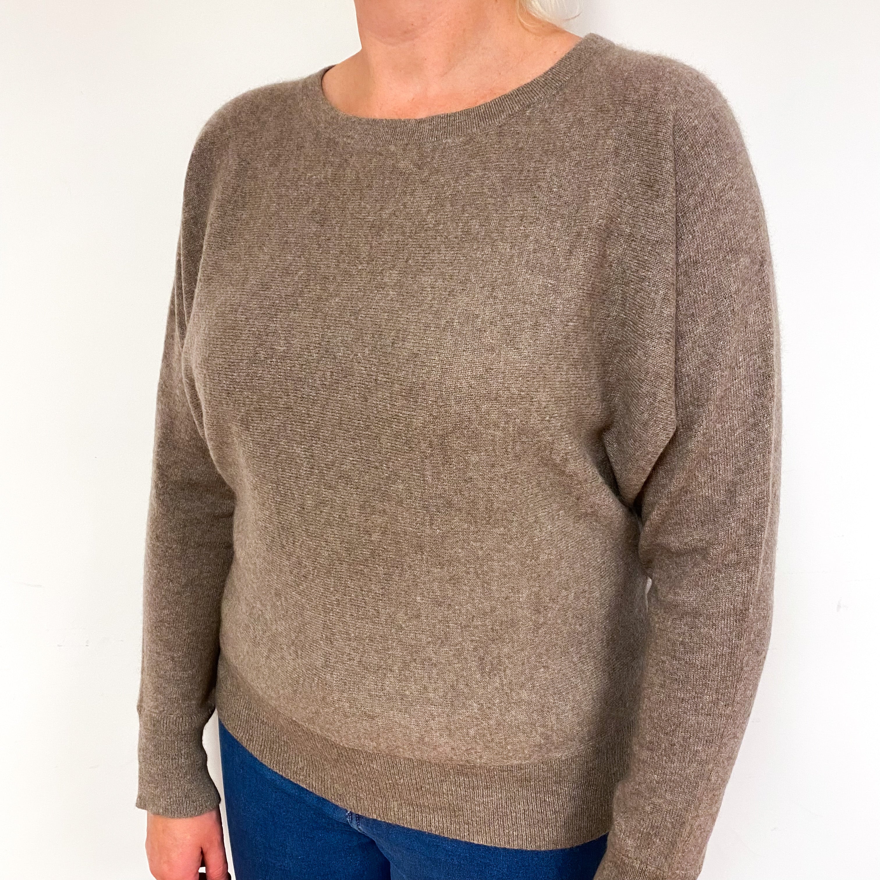 Mocha Brown Batwing Cashmere Crew Neck Jumper Large