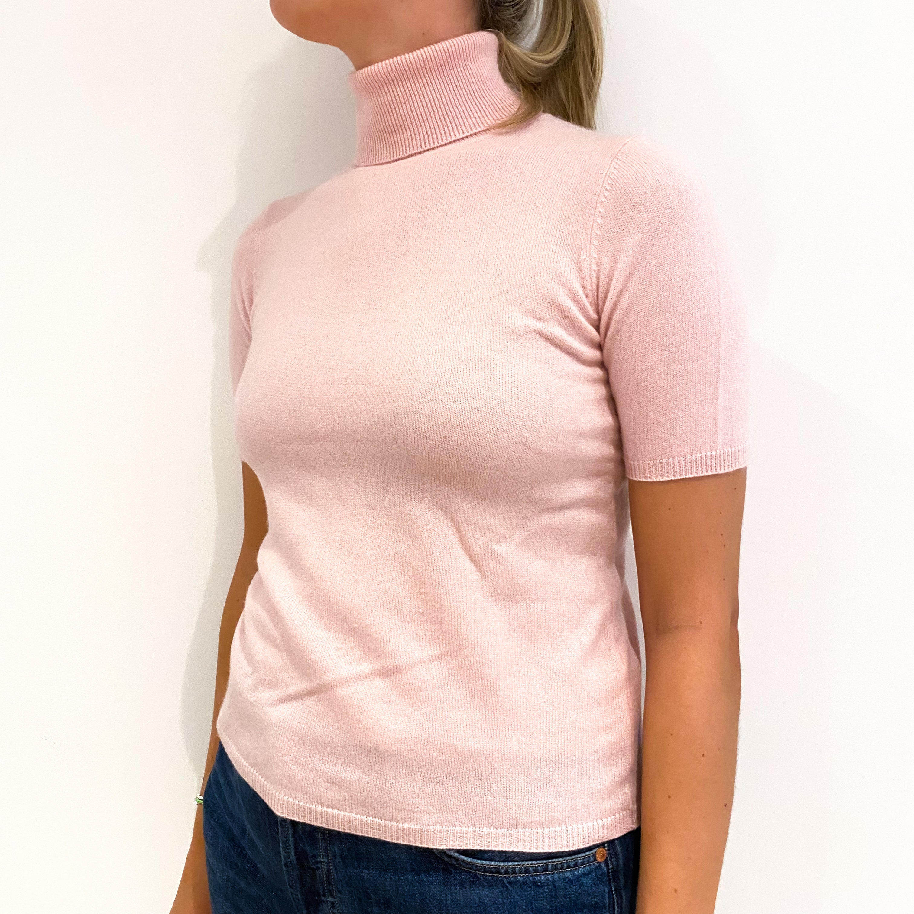 Pale Pink Short Sleeved Cashmere Polo Neck Jumper Small