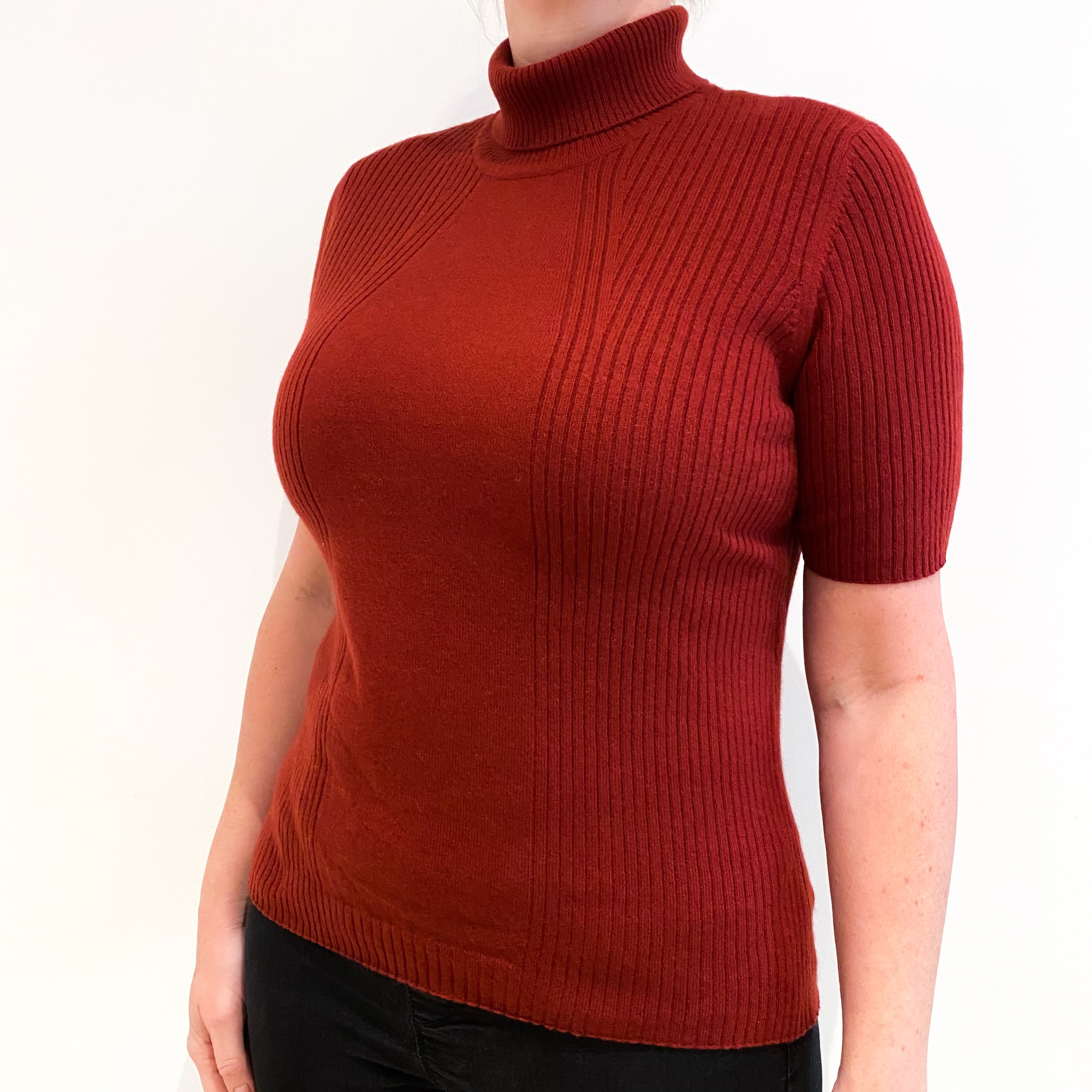 Brick Red Short Sleeved Cashmere Polo Neck Jumper