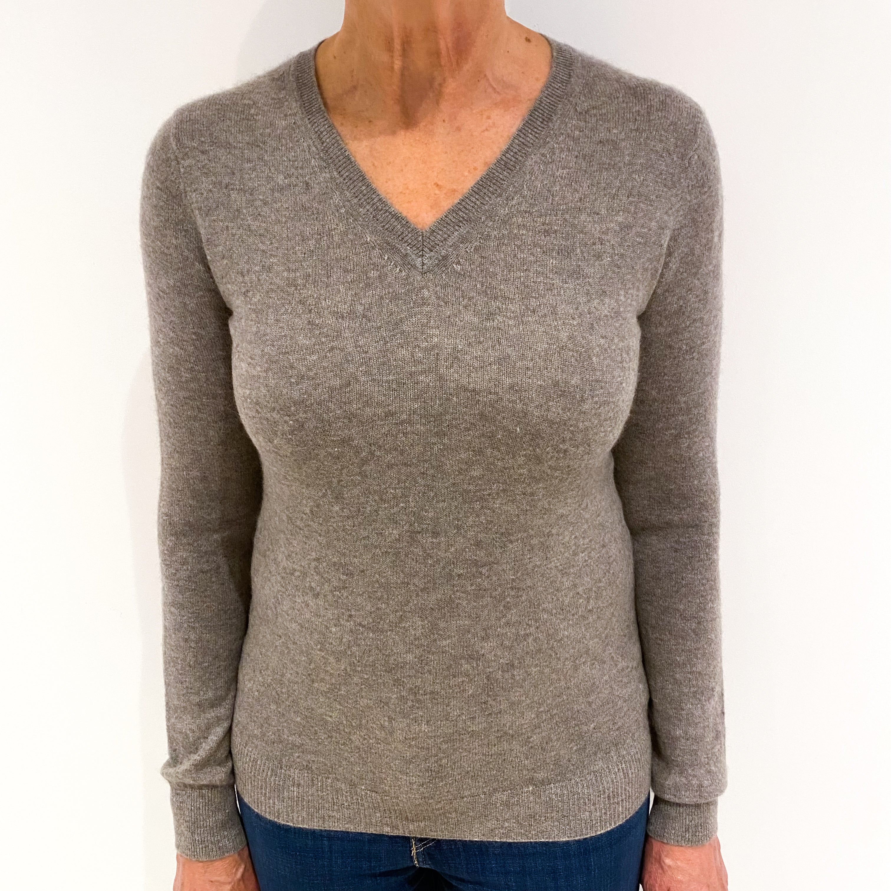 Taupe Brown Cashmere V-Neck Jumper Medium