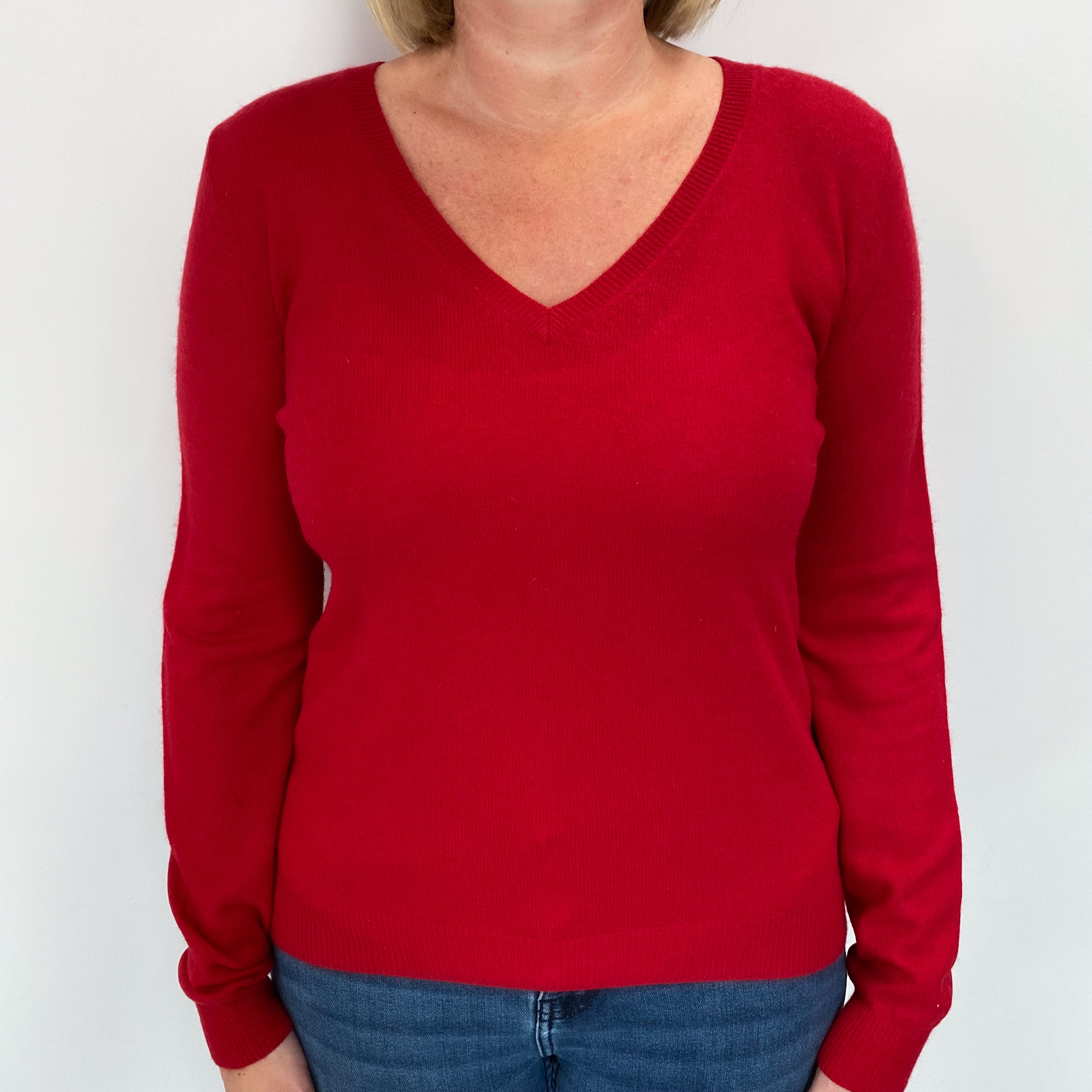 Spanish Red Cashmere V Neck Jumper Large