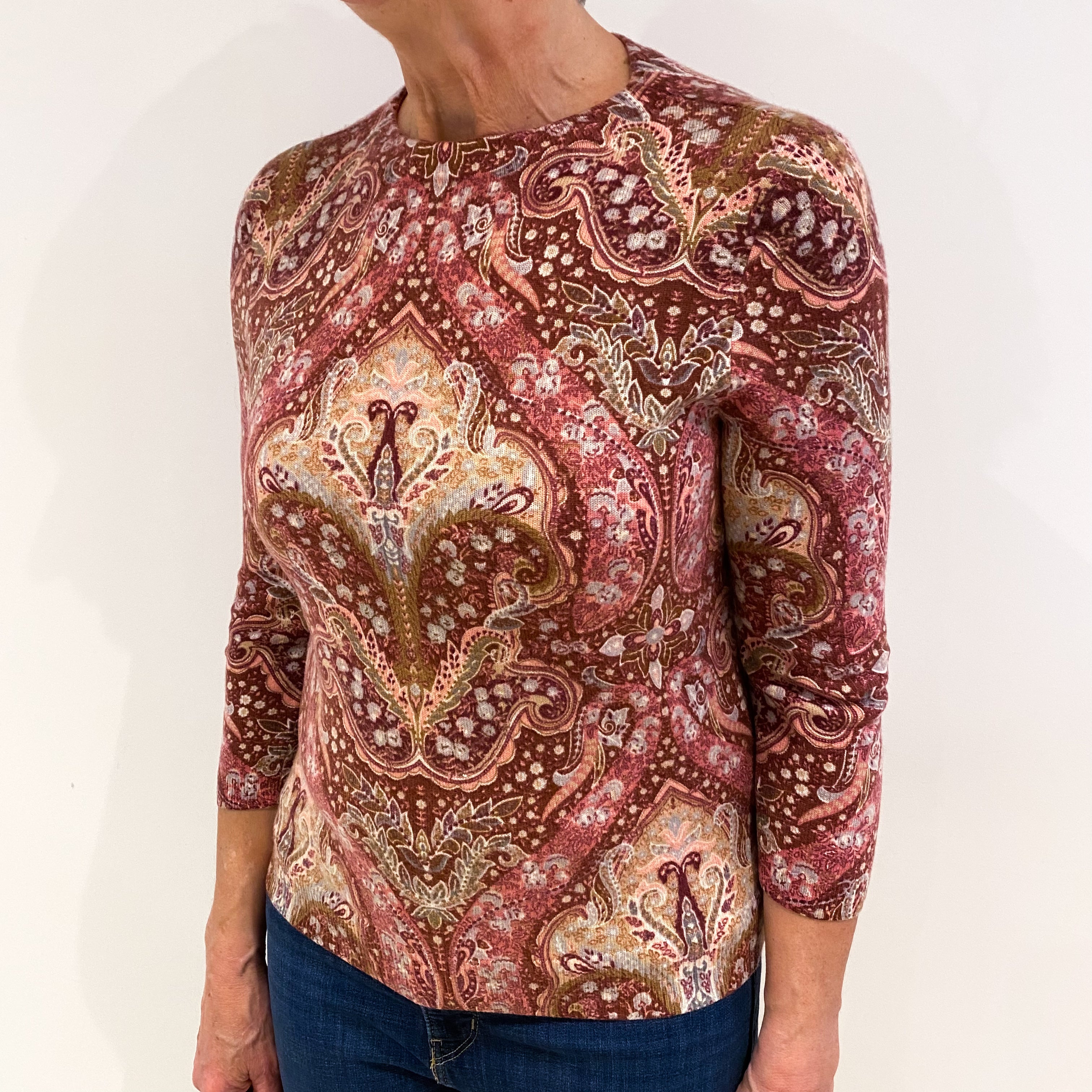 Burgundy Red Patterned Cashmere Crew Neck Jumper Medium