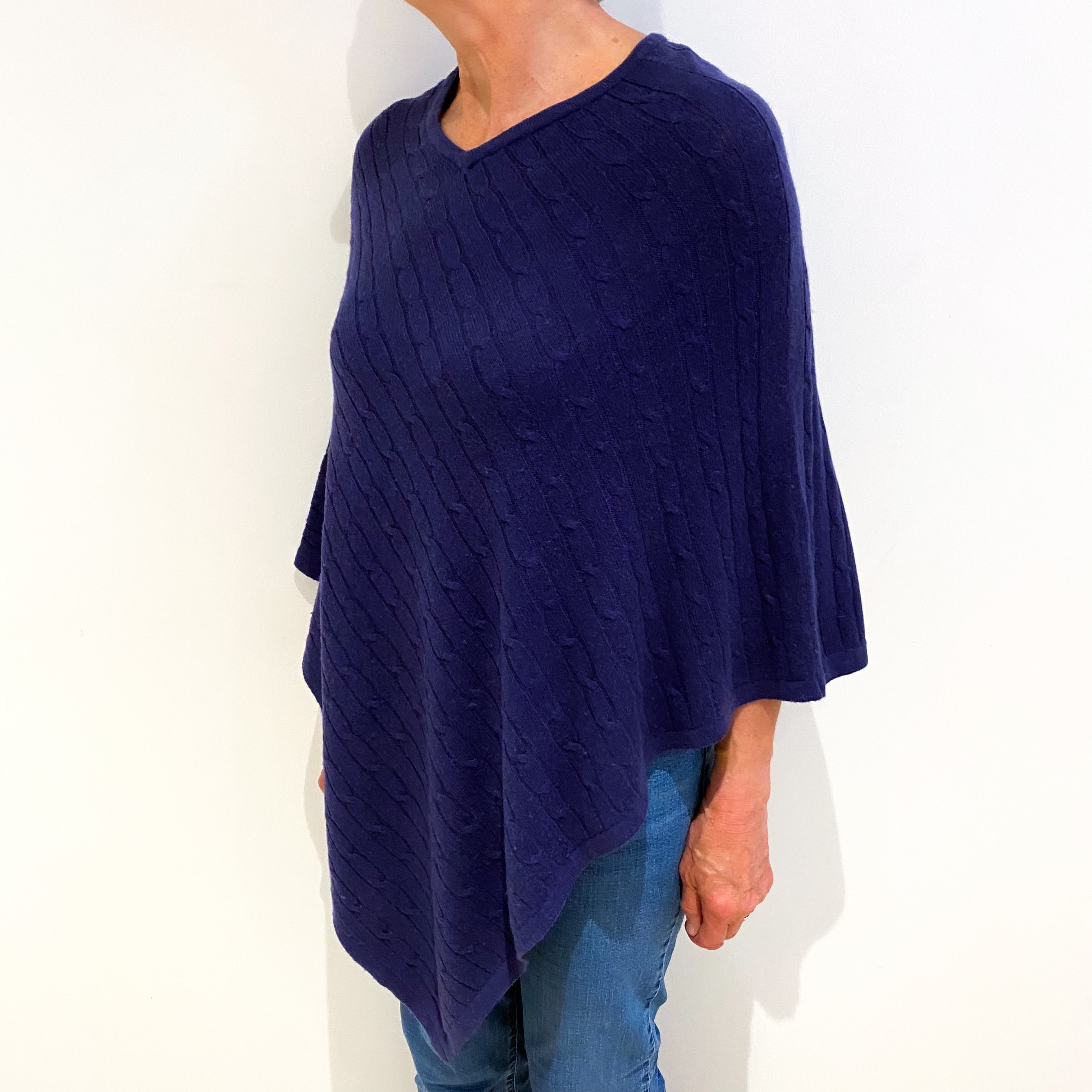 French Navy Cashmere Cable Knit Poncho One Size