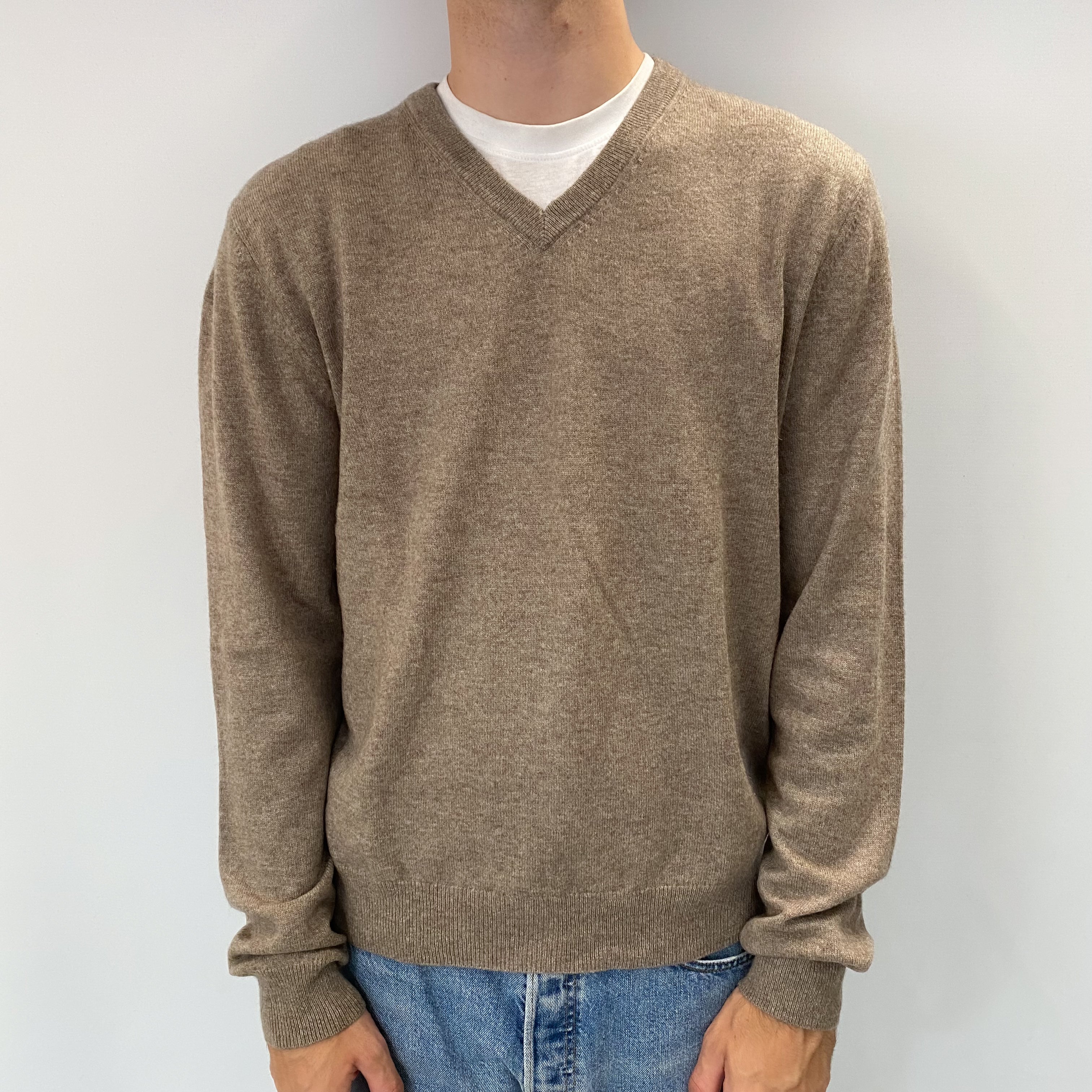 Men's Mocha Brown Cashmere V Neck Jumper Large