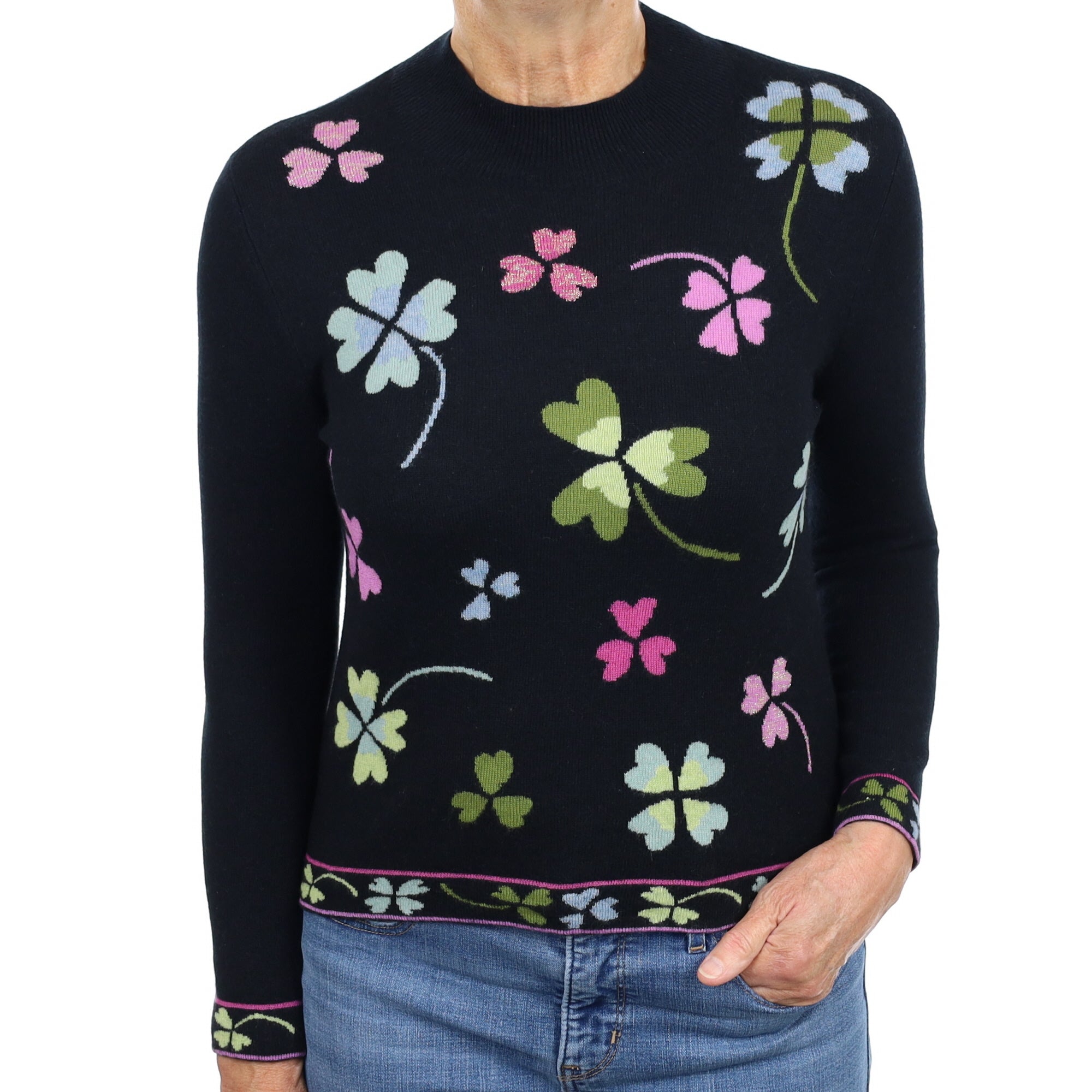 Black Clover Pattern Cashmere Turtle Neck Jumper Medium