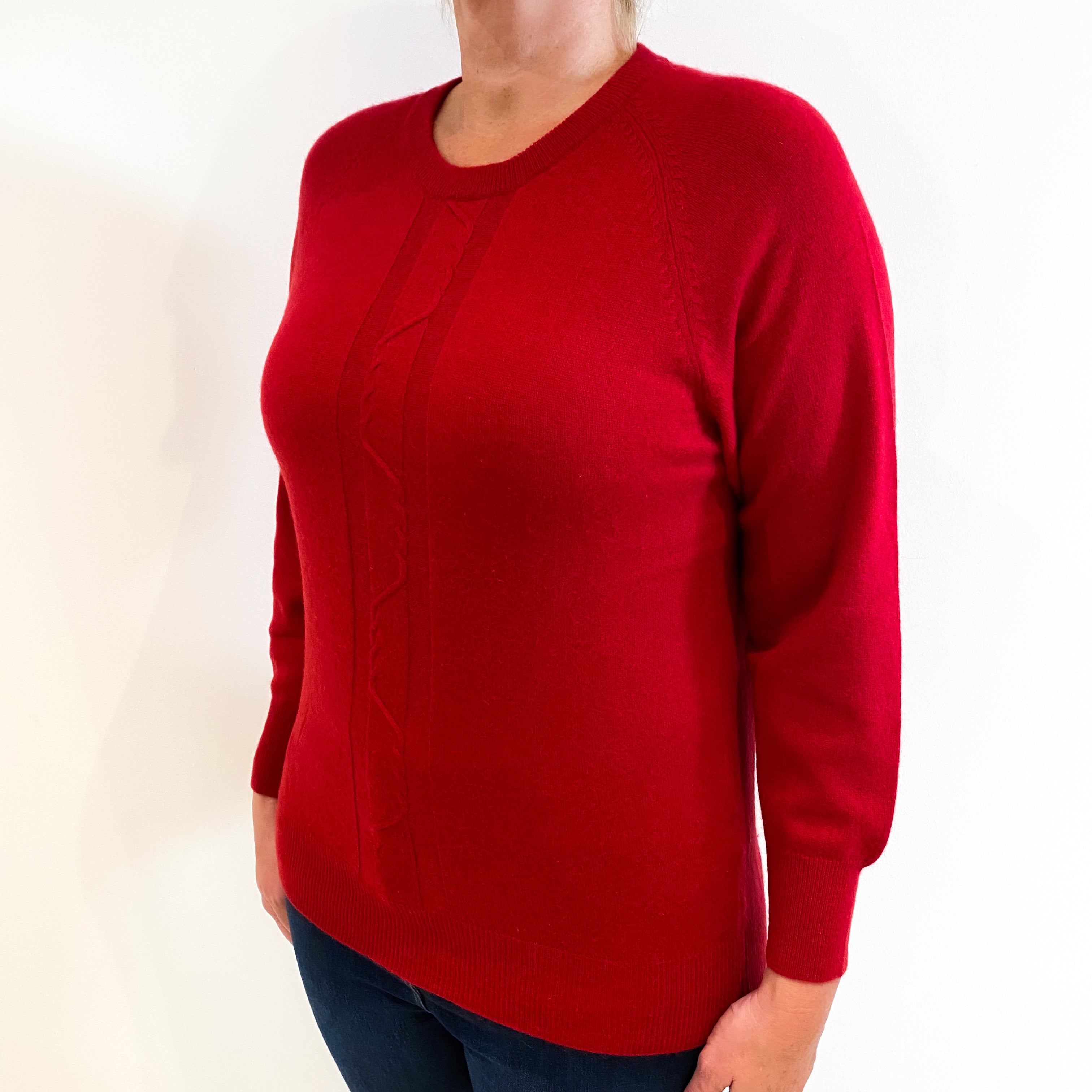 Scarlet Red Cable Detail Cashmere Crew Neck Jumper Large