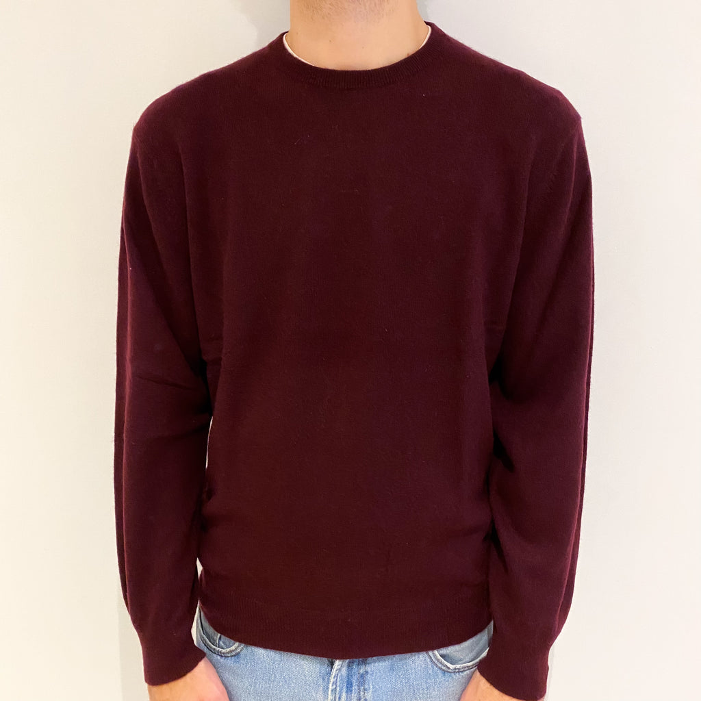 Men's Burgundy Red Cashmere Crew Neck Jumper Large