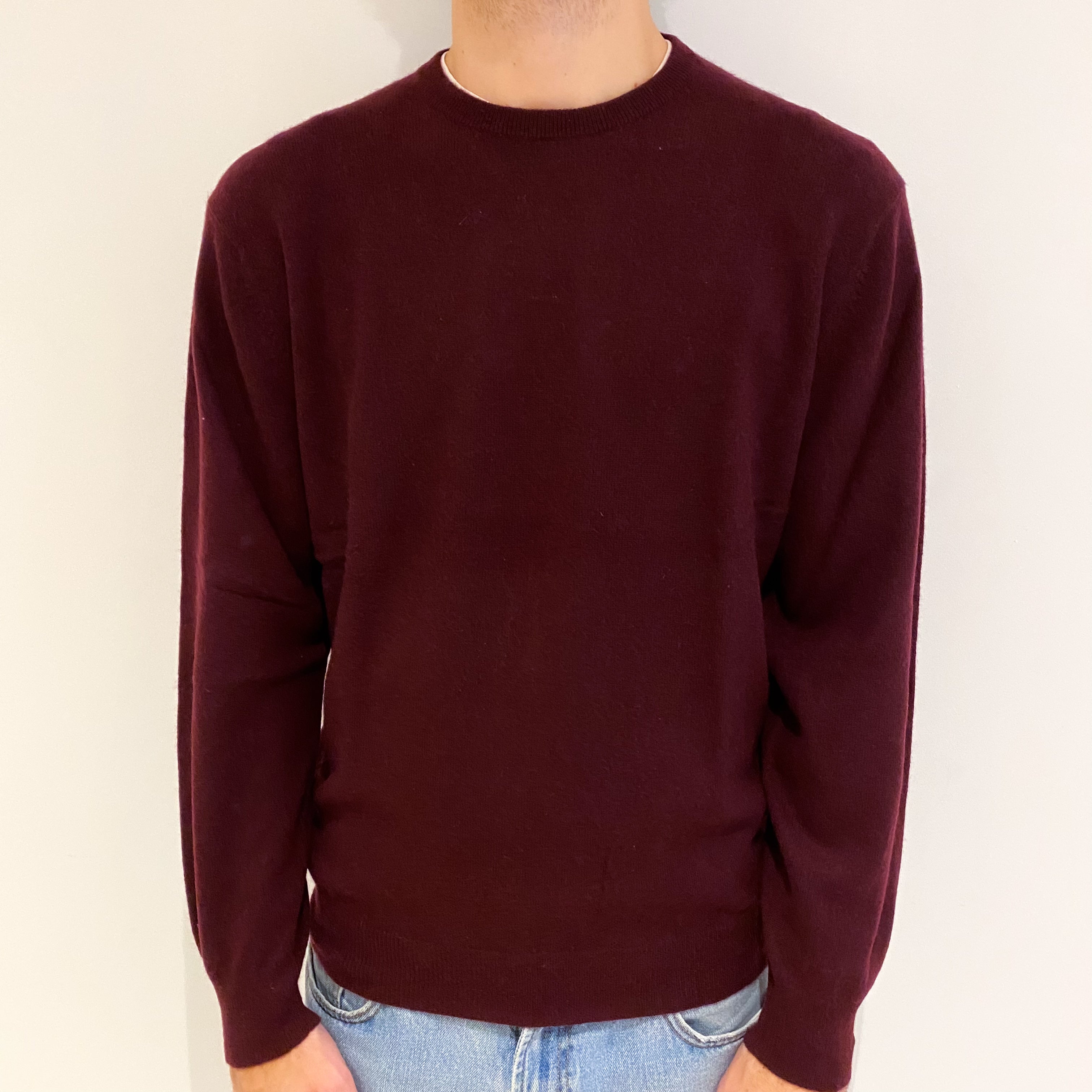 Men's Burgundy Red Cashmere Crew Neck Jumper Large