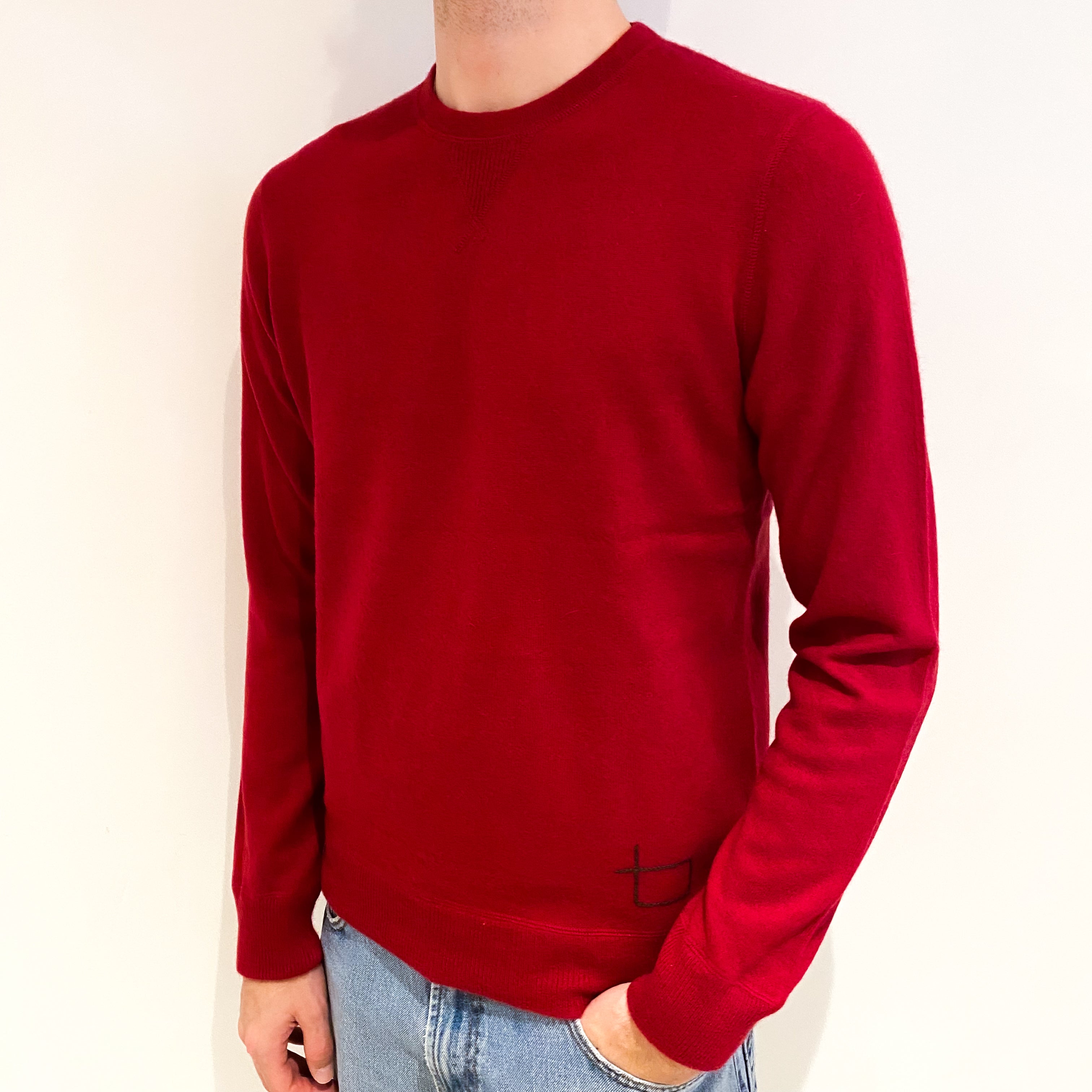 Men's Crimson Red Cashmere Crew Neck Jumper Medium