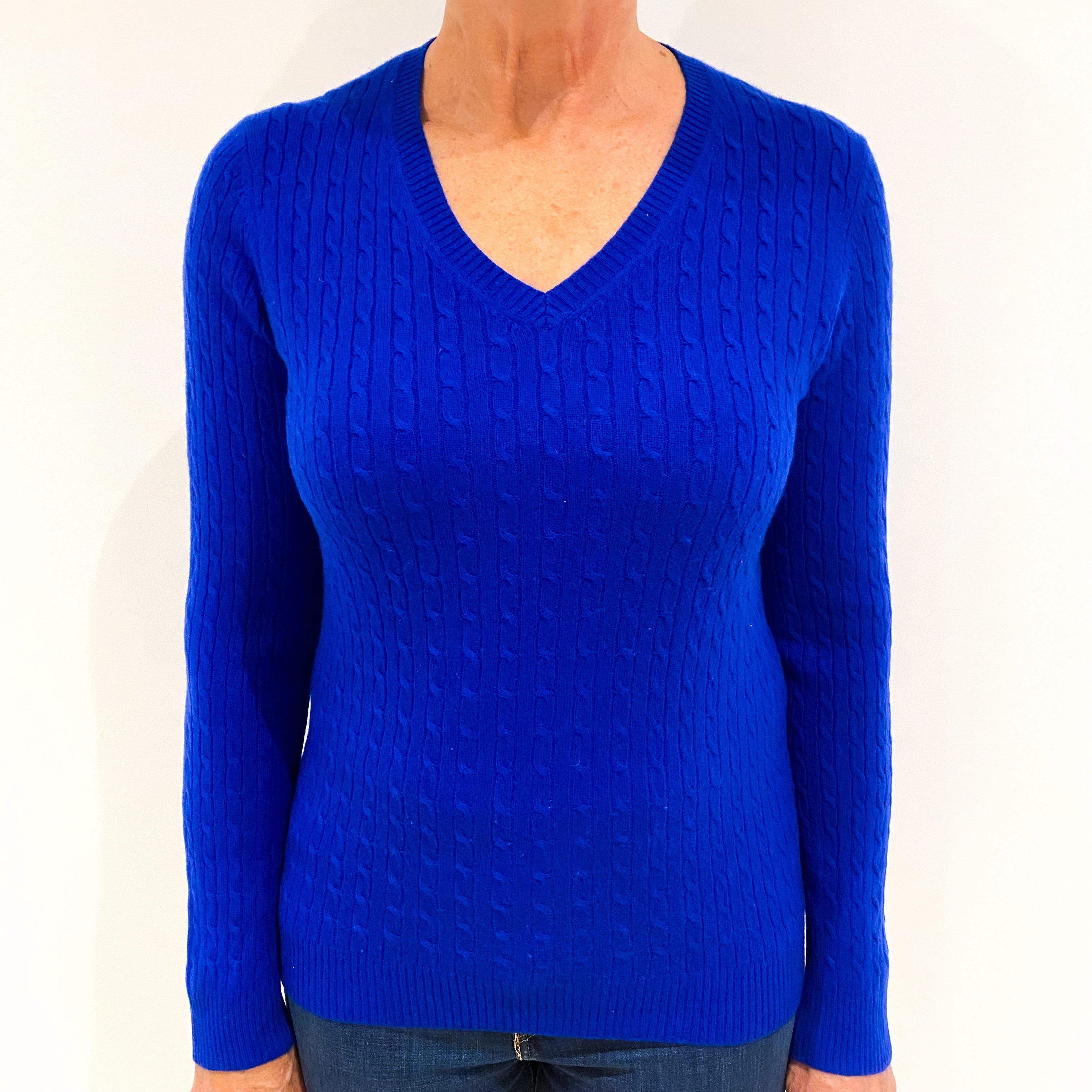 Cobalt Blue Cable Knit Cashmere V-Neck Jumper Medium