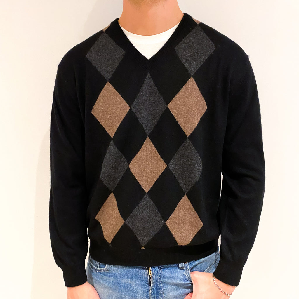 Men's Black Diamond Cashmere V Neck Jumper XL