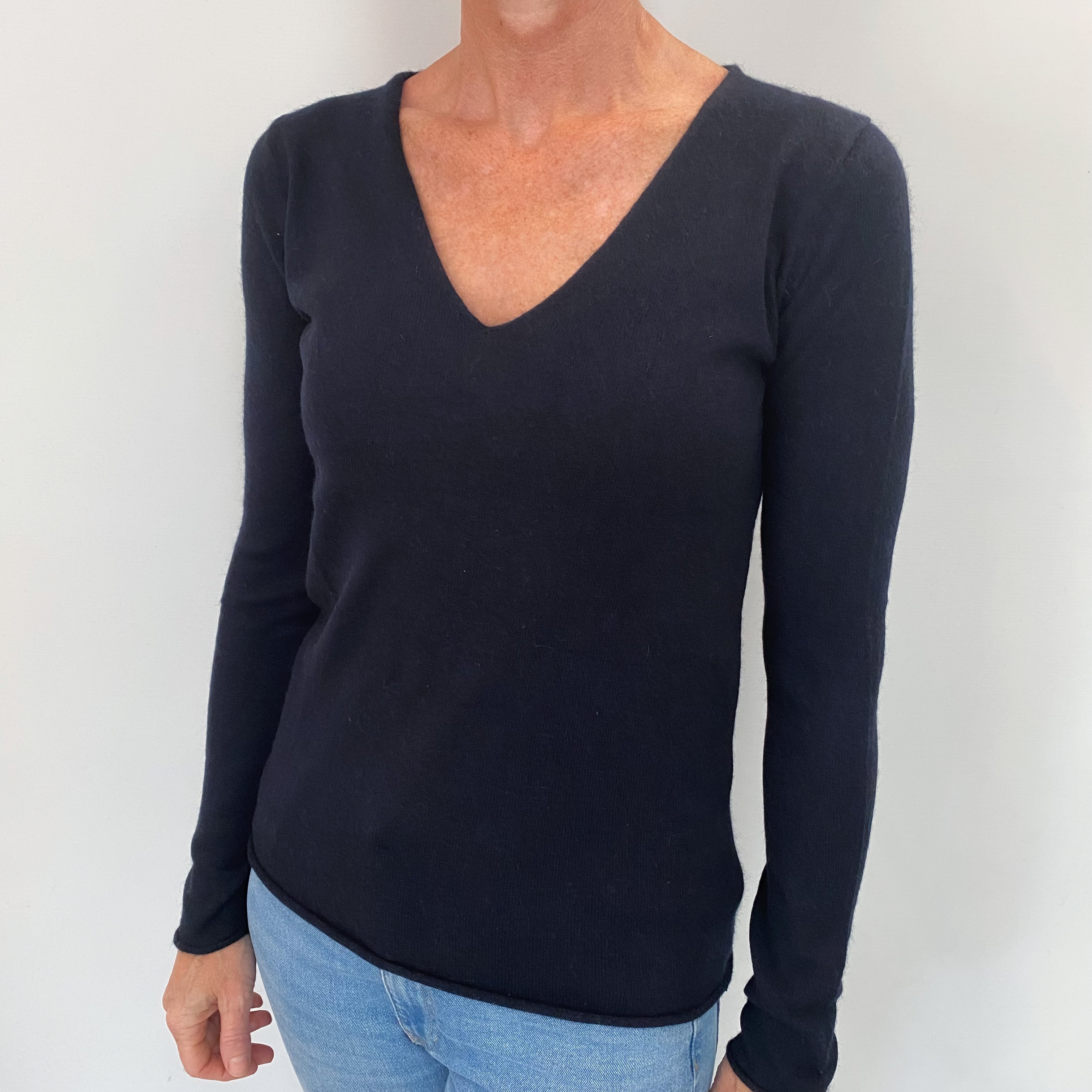 Dark Navy Cashmere V Neck Jumper Small