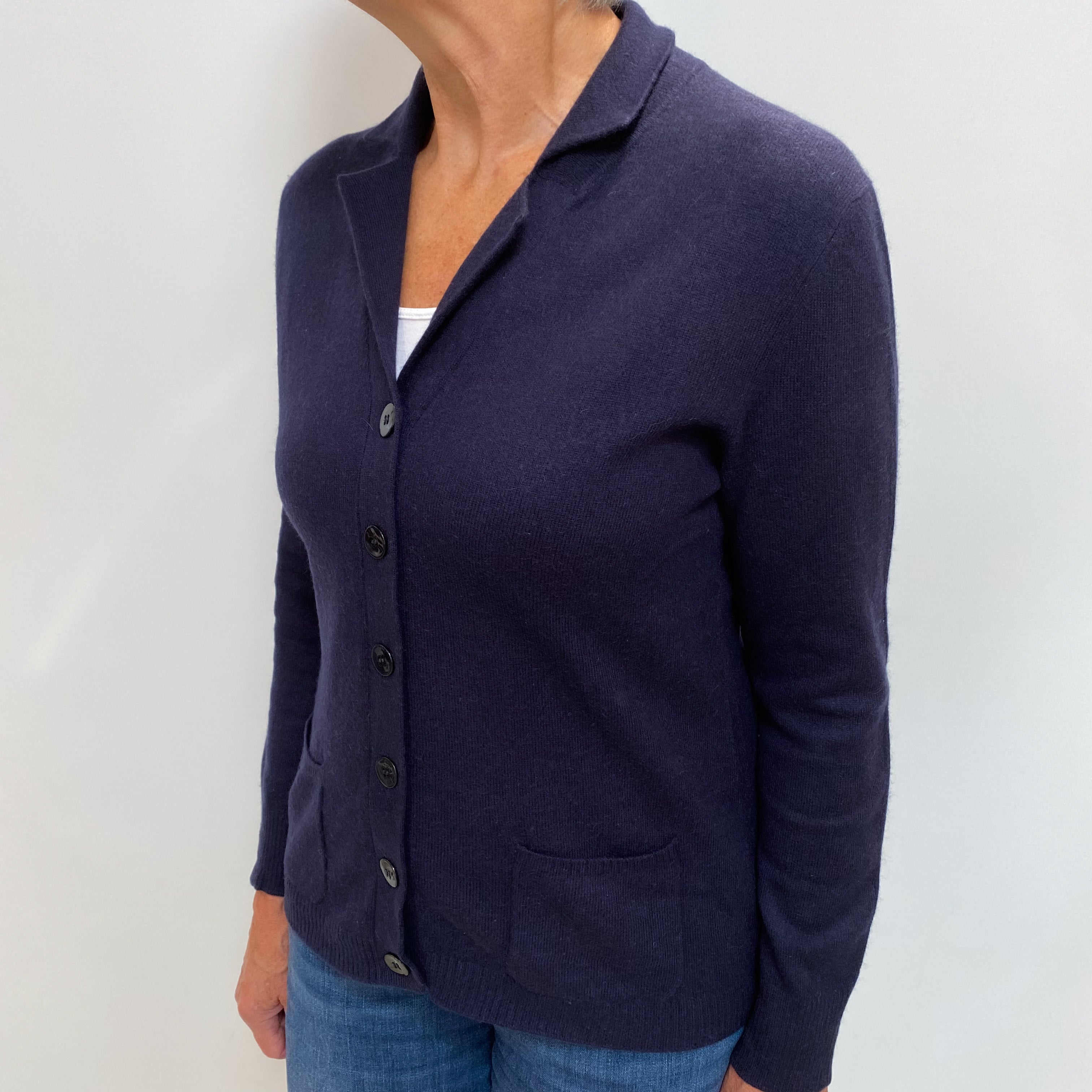 Navy Cashmere Collared V Neck Cardigan Medium