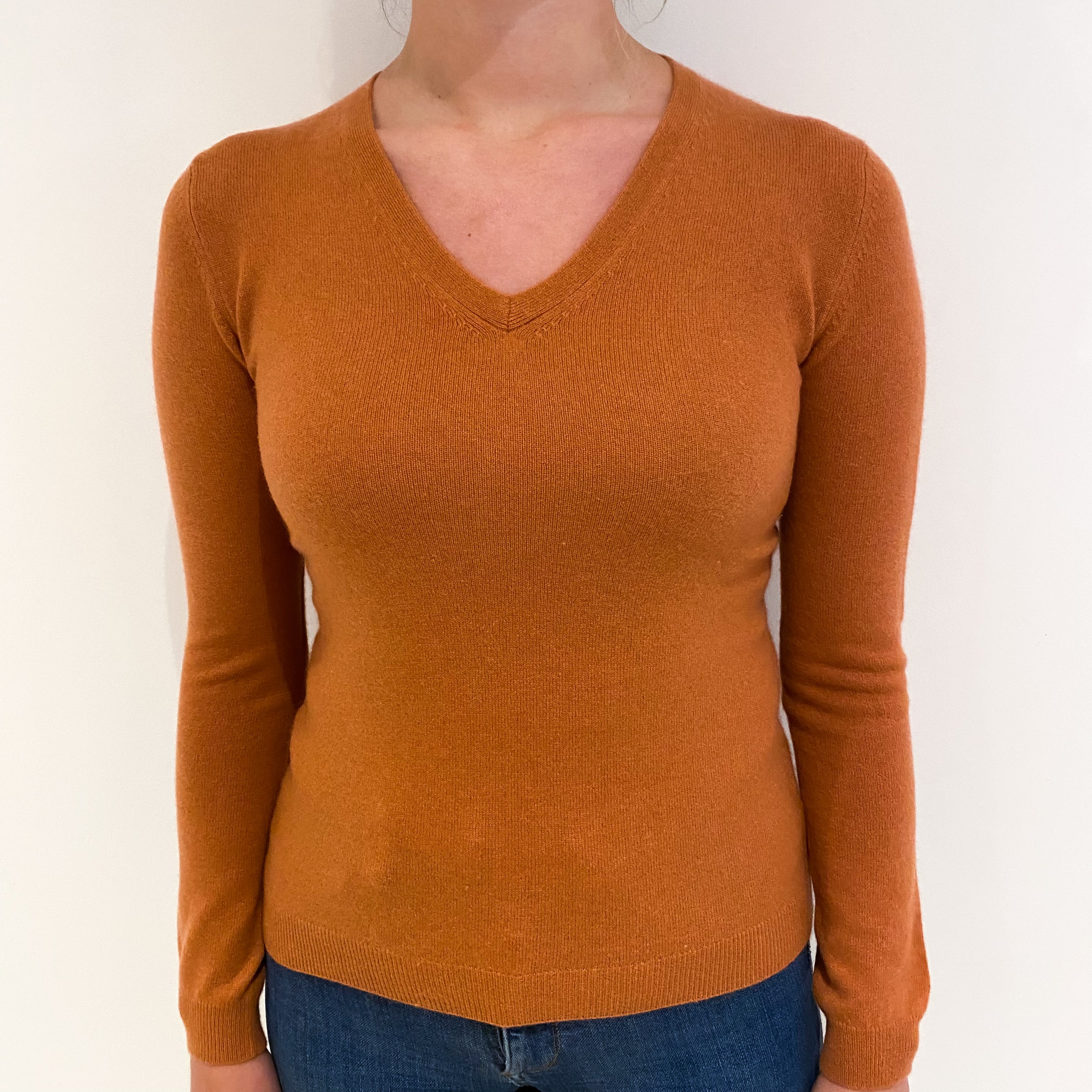 Terracotta Brown Cashmere V Neck Jumper Small