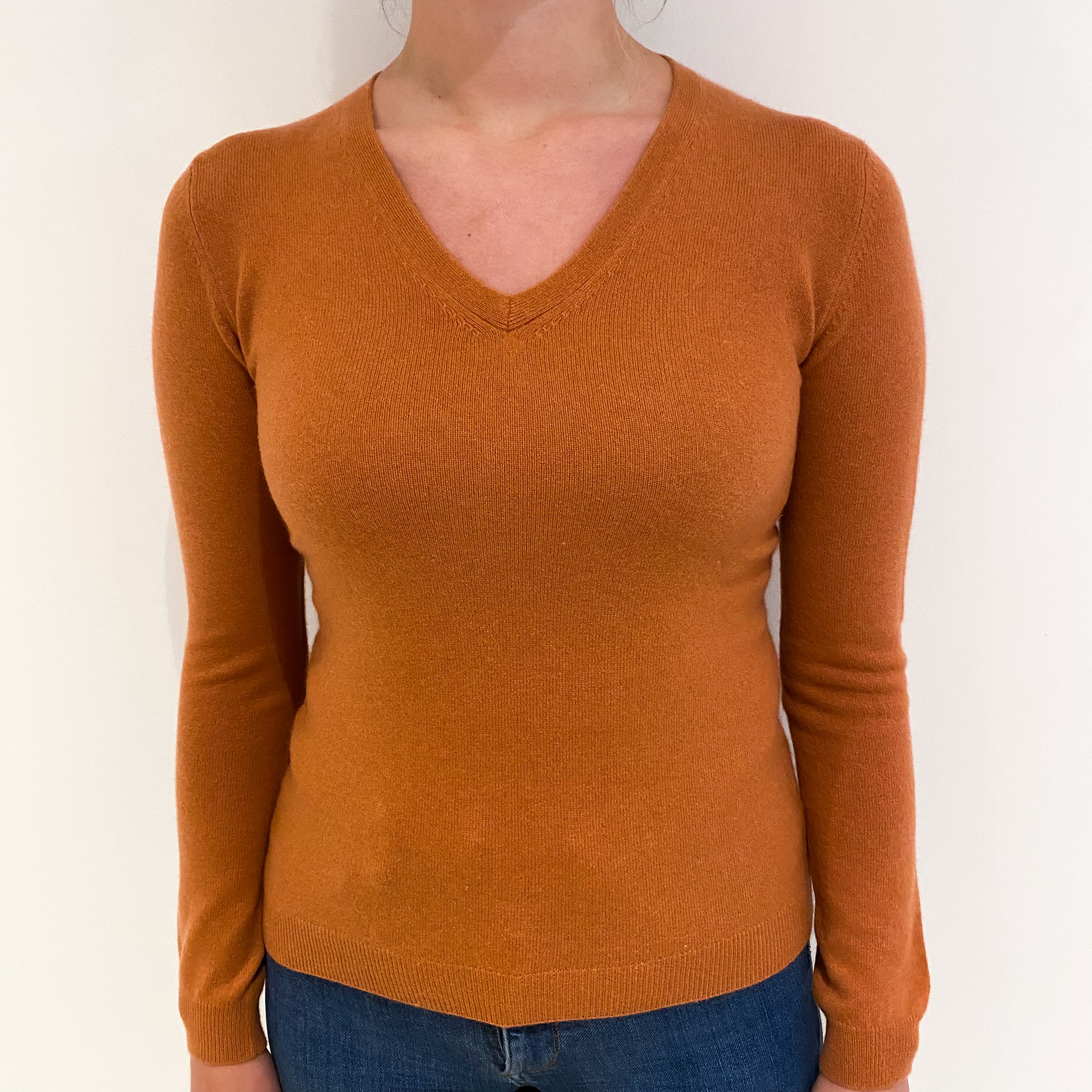 Terracotta Brown Cashmere V Neck Jumper Small