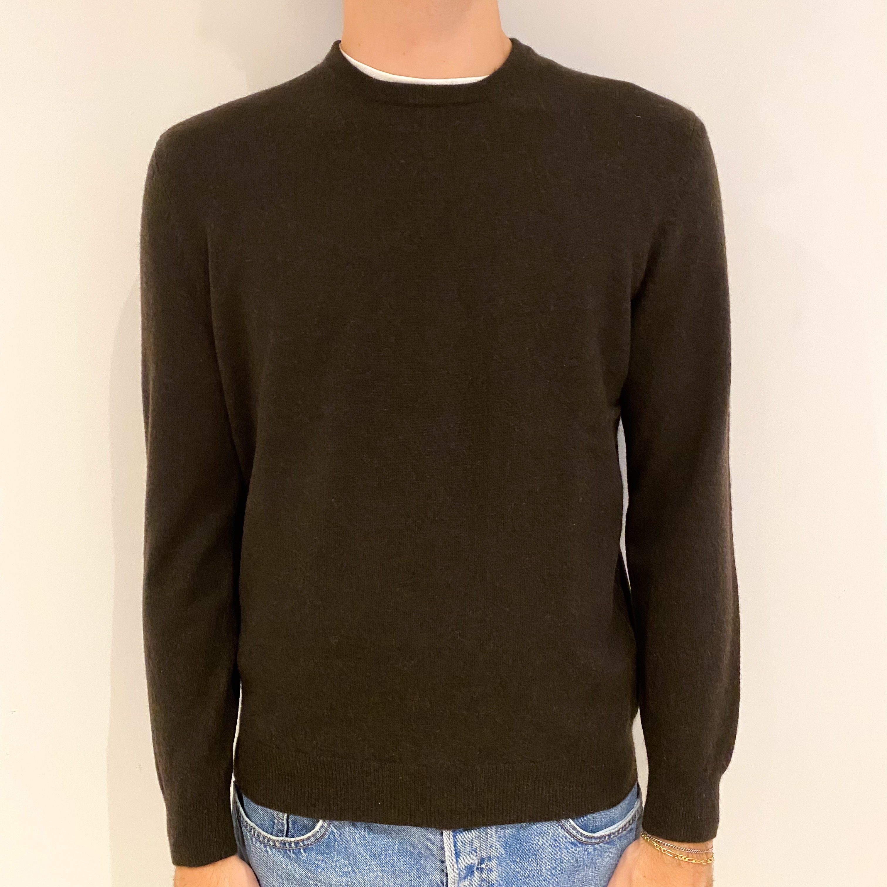 Men's Mole Brown Cashmere Crew Neck Jumper Medium