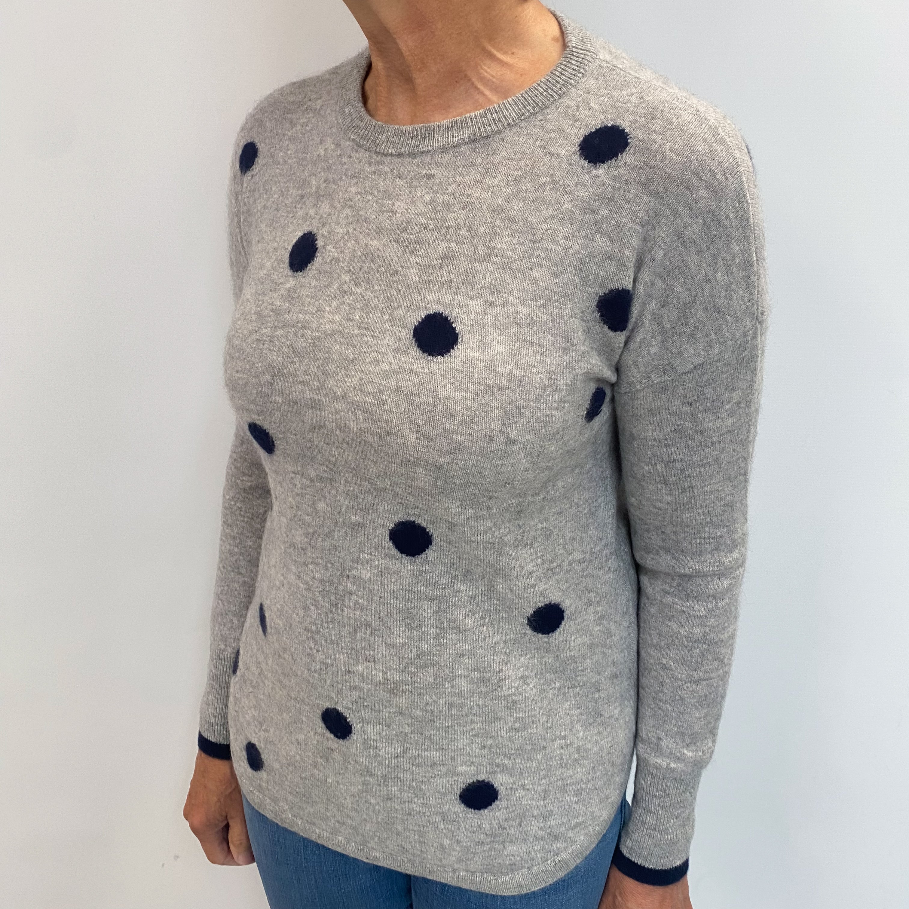 Smoke Grey Polka Dot Cashmere Crew Neck Jumper Medium
