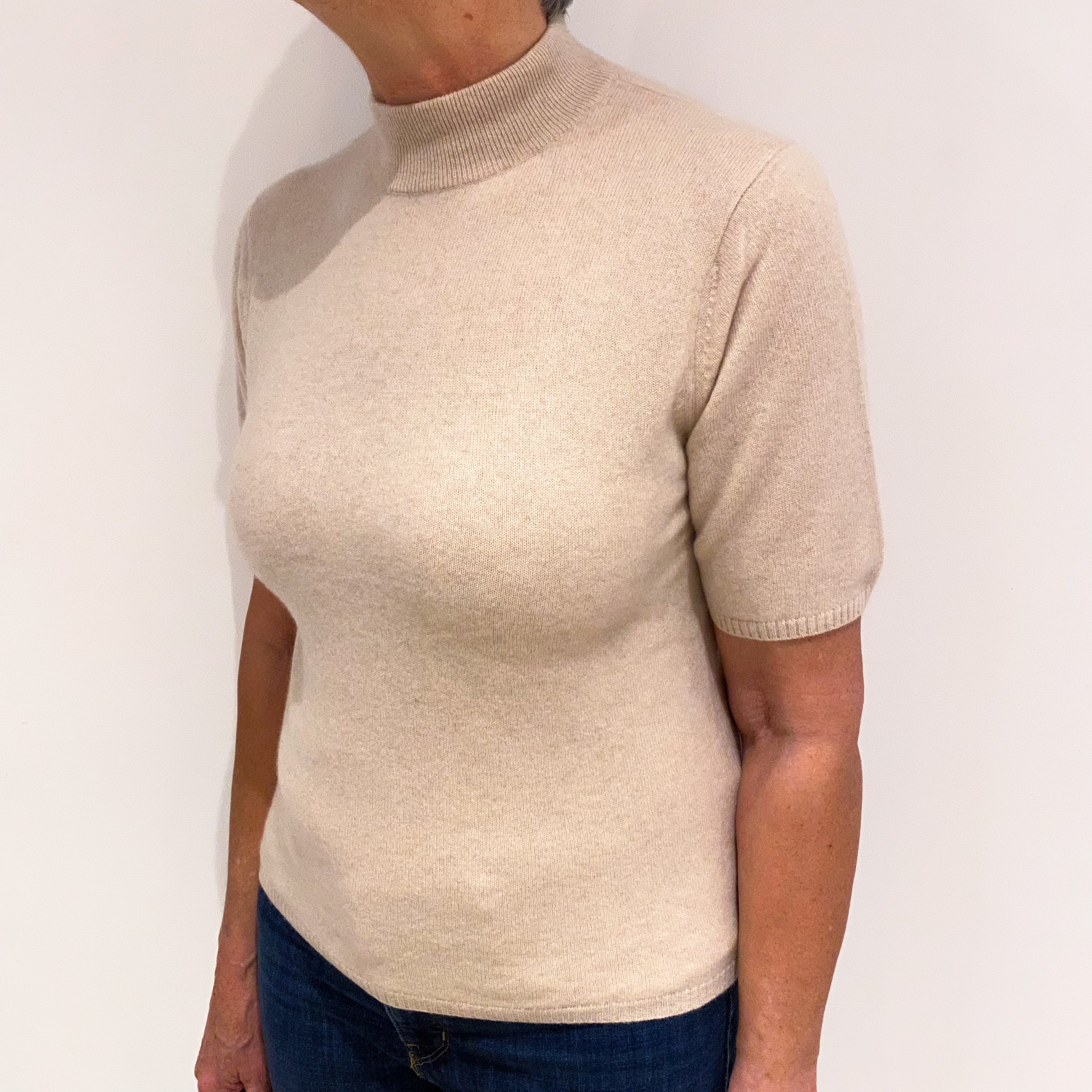 Buff Beige Cashmere Short Sleeved Turtle Neck Jumper Medium