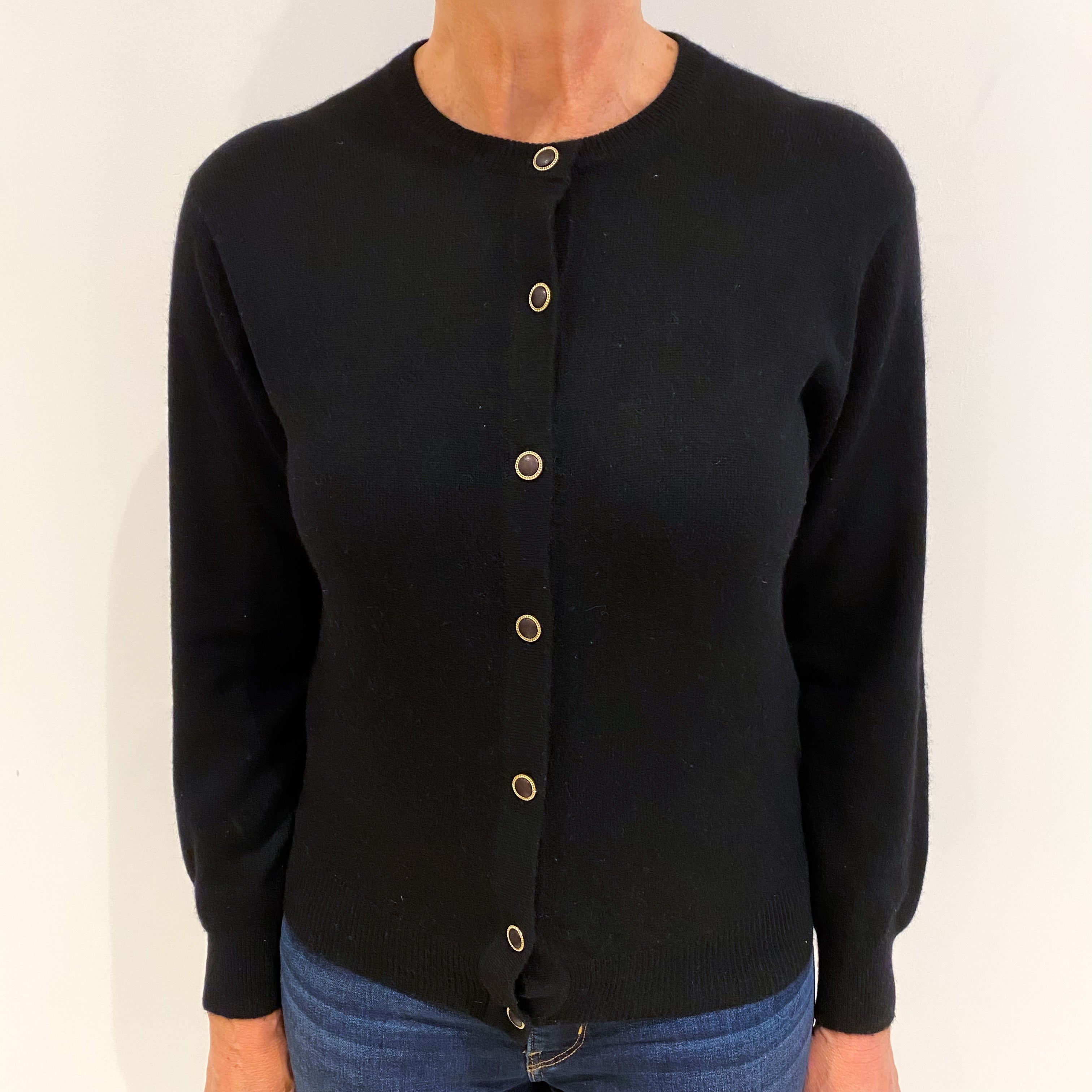 Black Cashmere Crew Neck Cardigan Medium