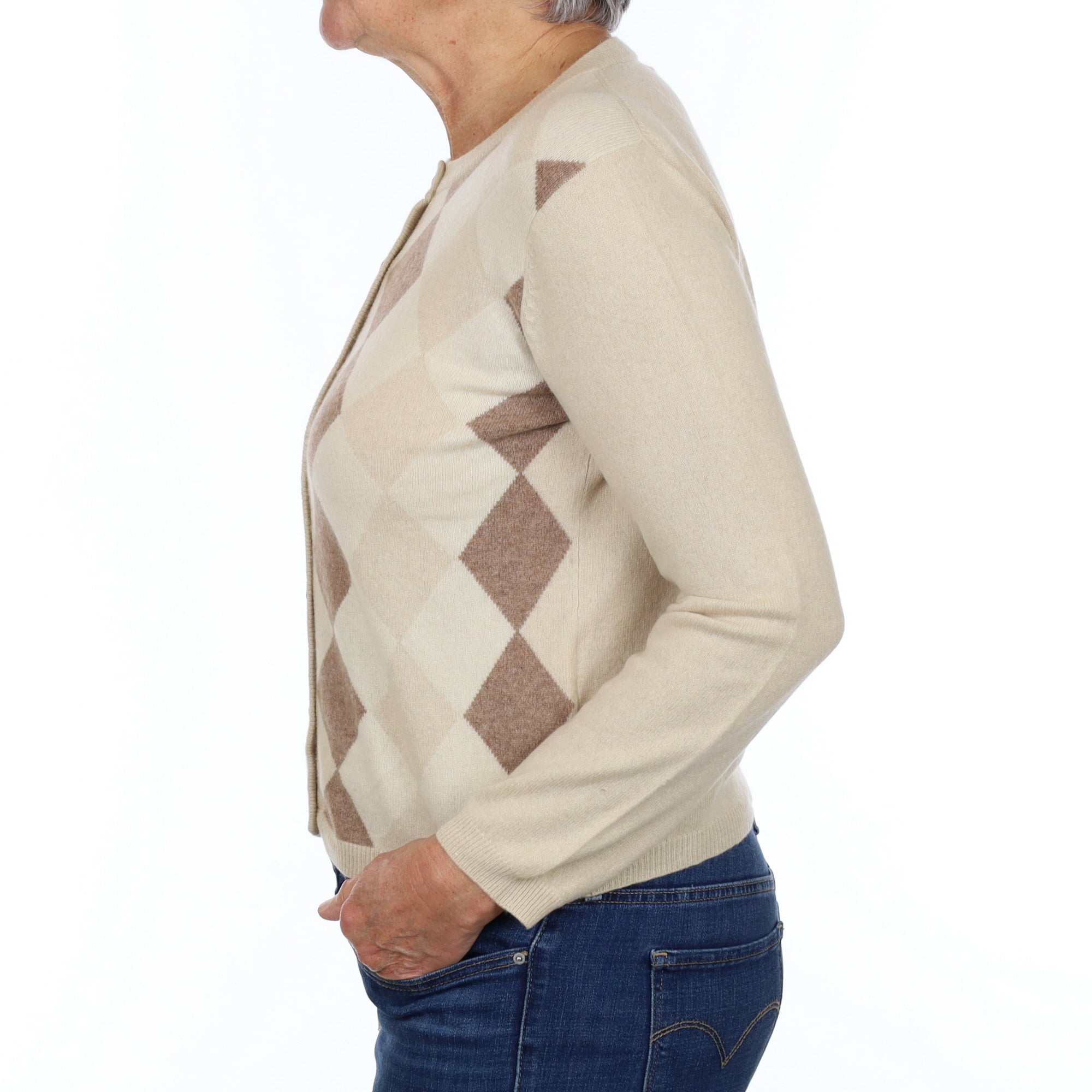 Sand Beige Argyle Cashmere Crew Neck Cardigan Medium