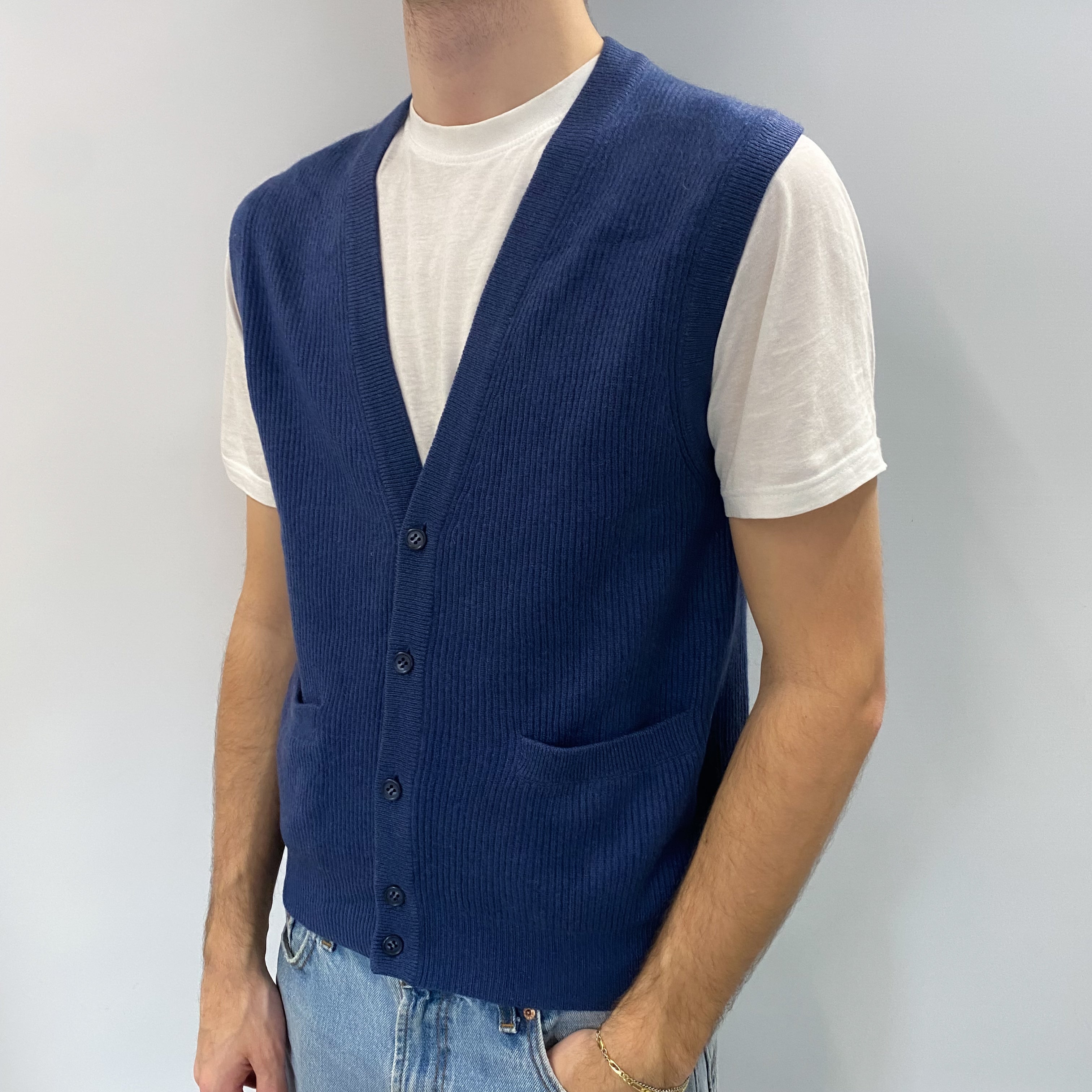 Men's Vintage French Navy Rib Cashmere Sleeveless Cardigan Medium