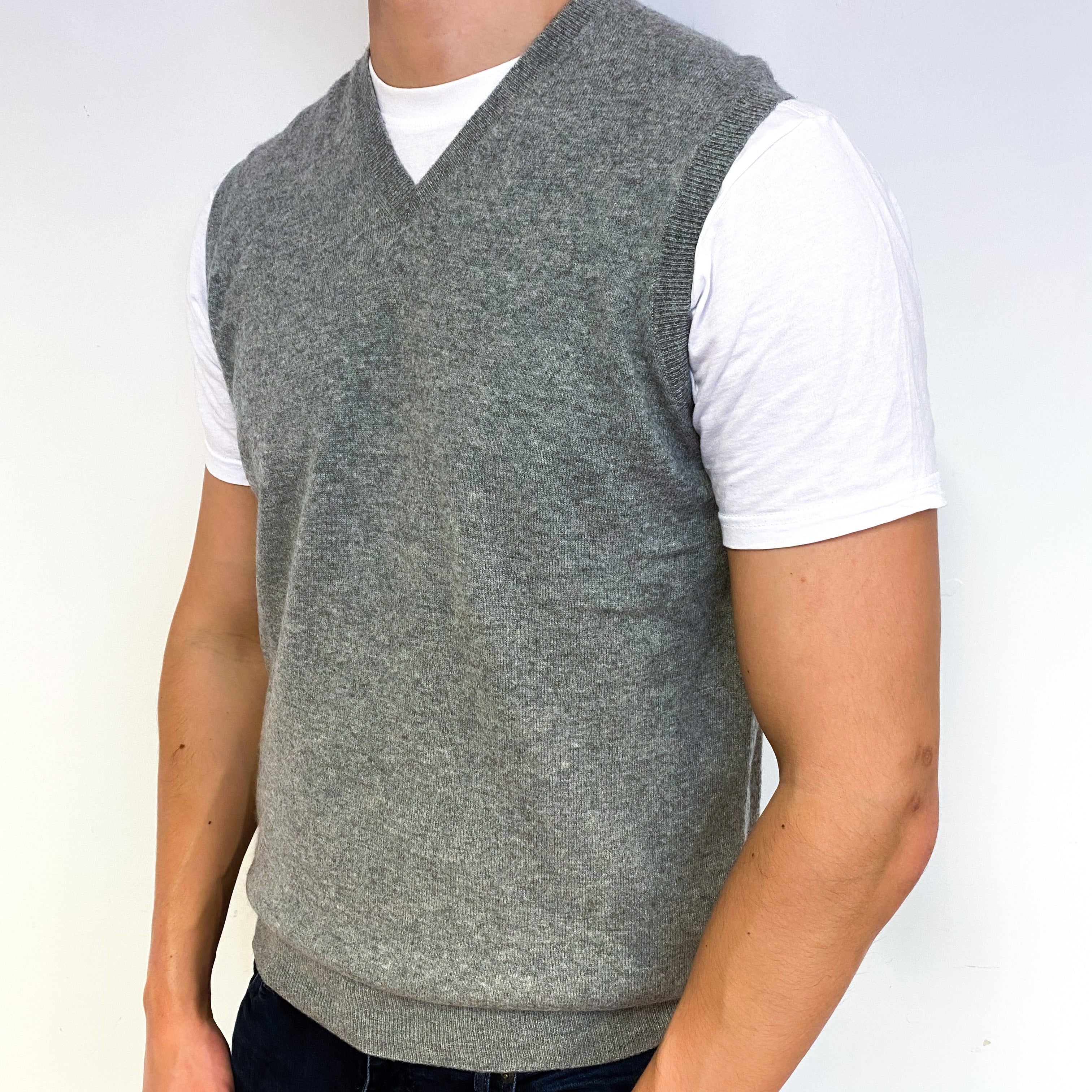 Men's Ash Grey Cashmere V-Neck Tank Top Extra Large