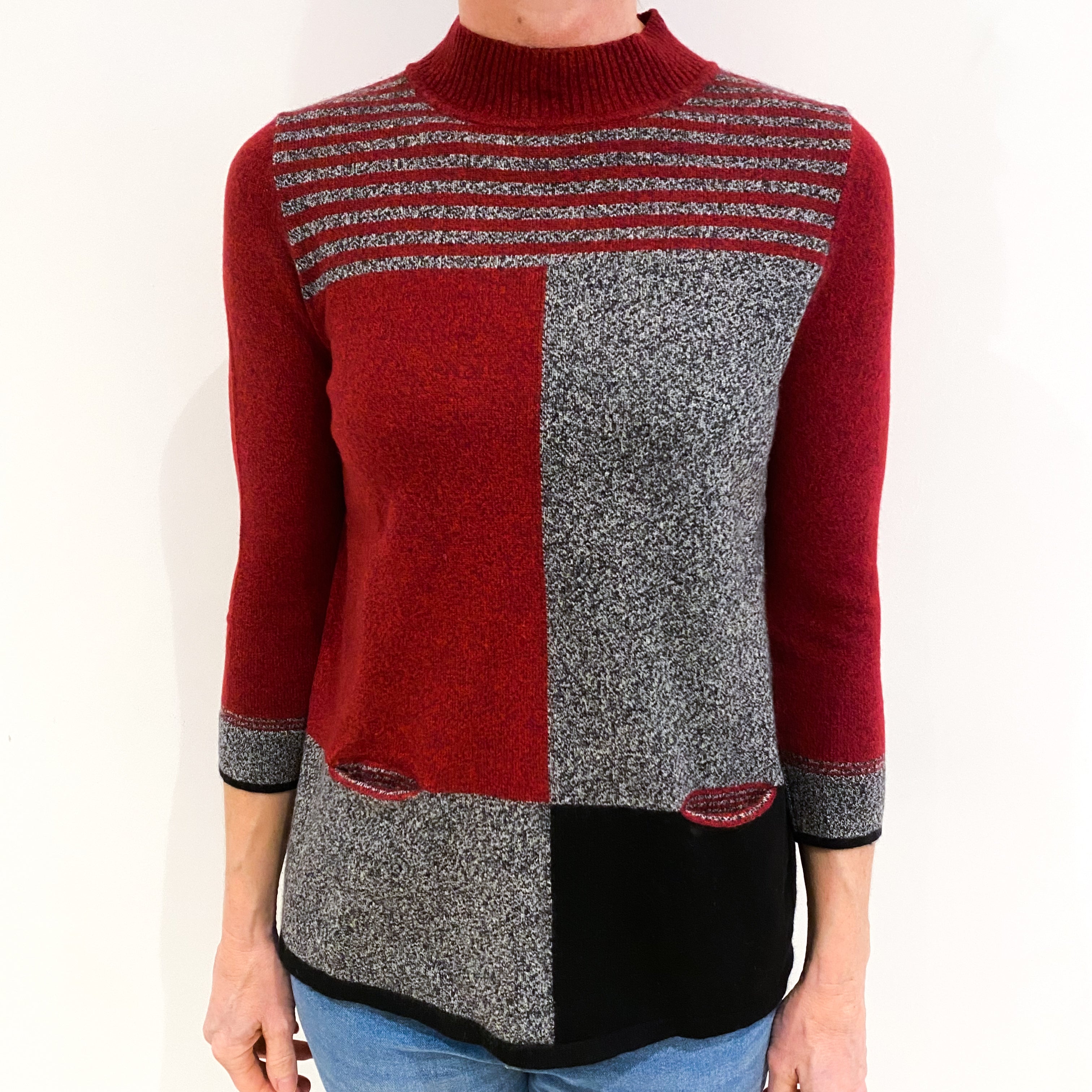 Red and Grey Block Design Cashmere Turtle Neck Jumper with Pockets Small