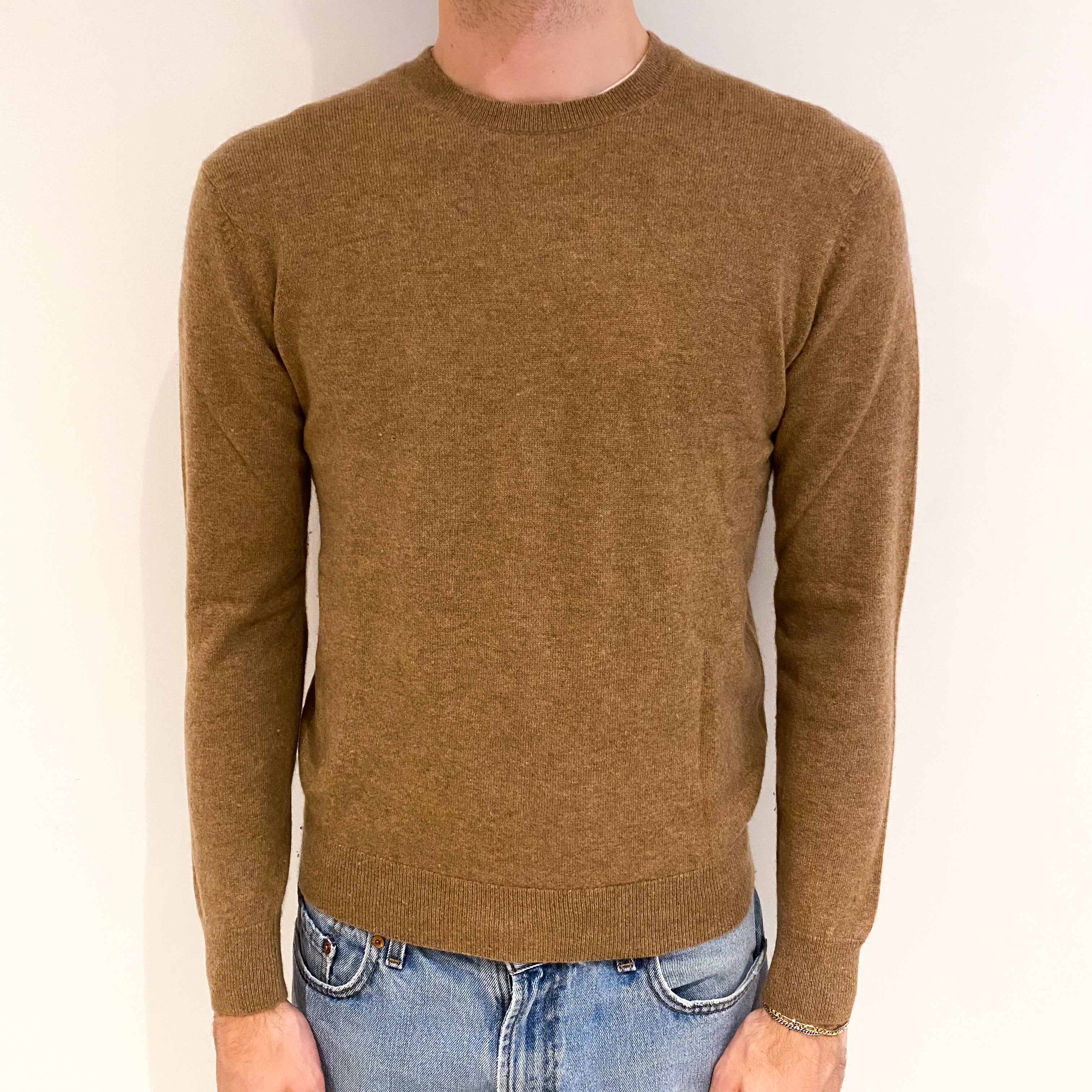 Men's Butterscotch Brown Cashmere Crew Neck Jumper Medium