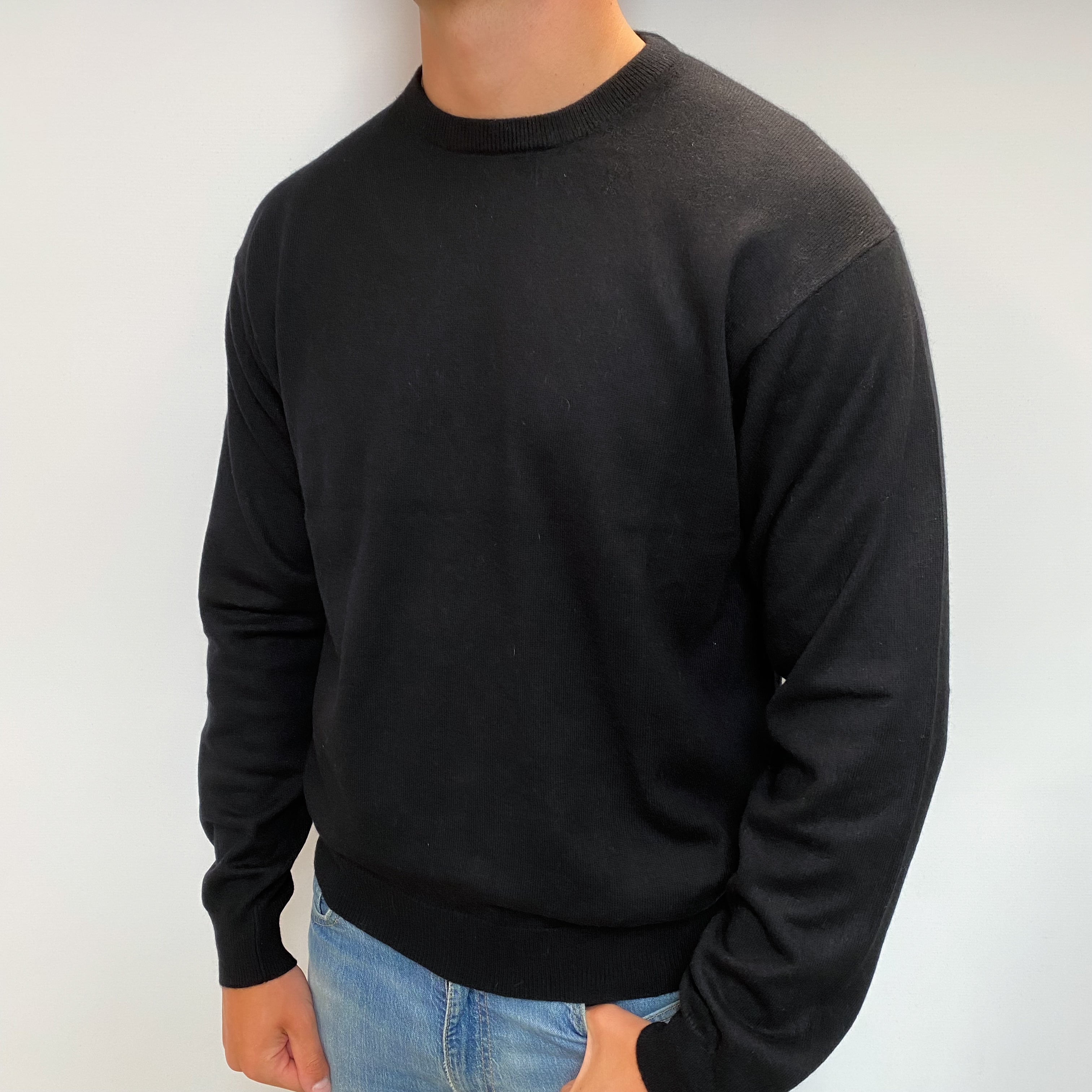 Men's Black Cashmere Crew Neck Jumper XL