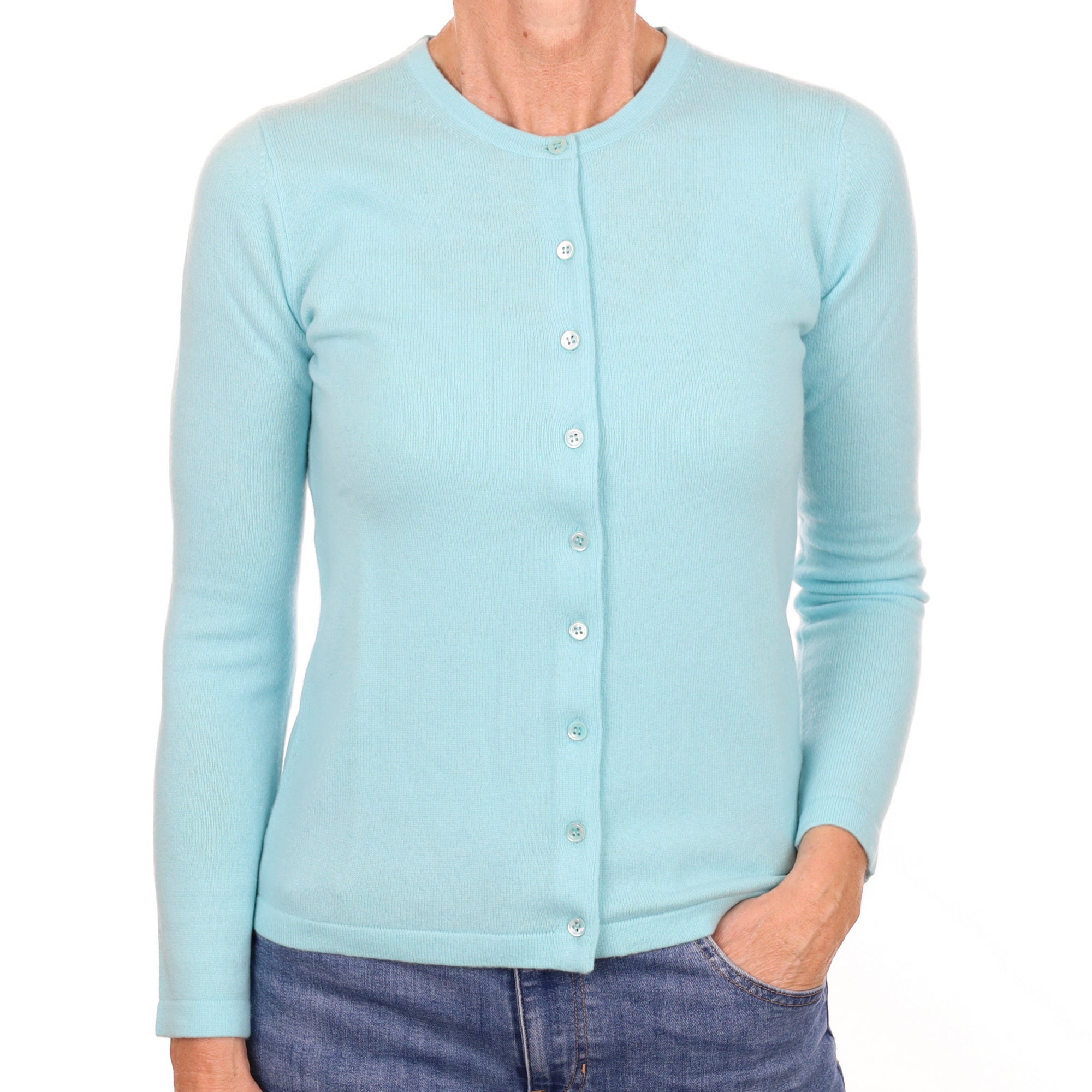 New Pale Aqua Blue Cashmere Crew Neck Cardigan Small