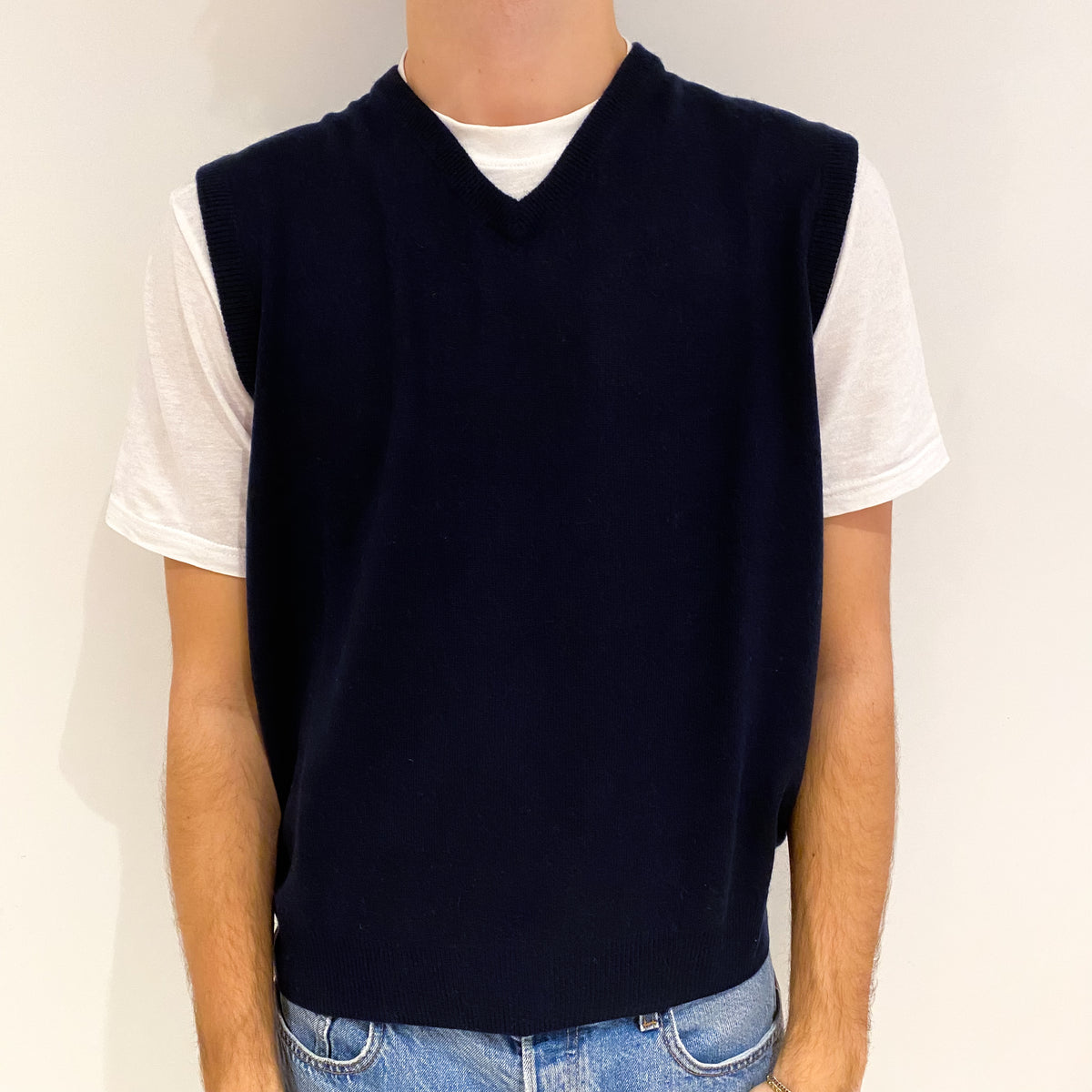 Men's Navy Blue Cashmere V Neck Tank Top Large