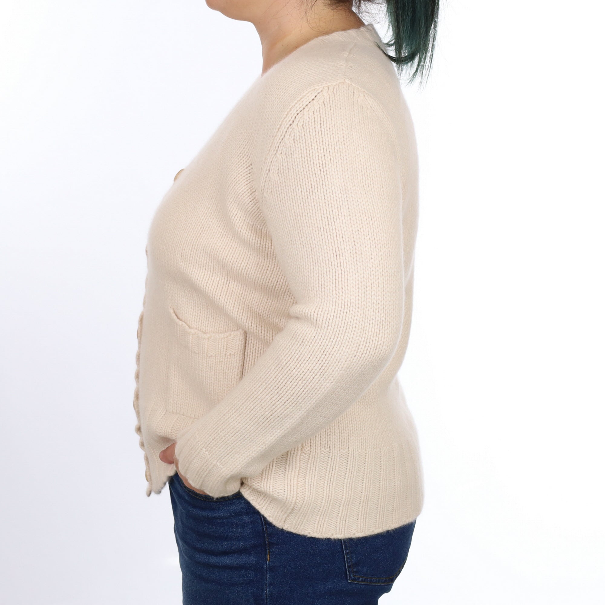 Ivory Cashmere Chunky V Neck Cardigan with Pockets Large
