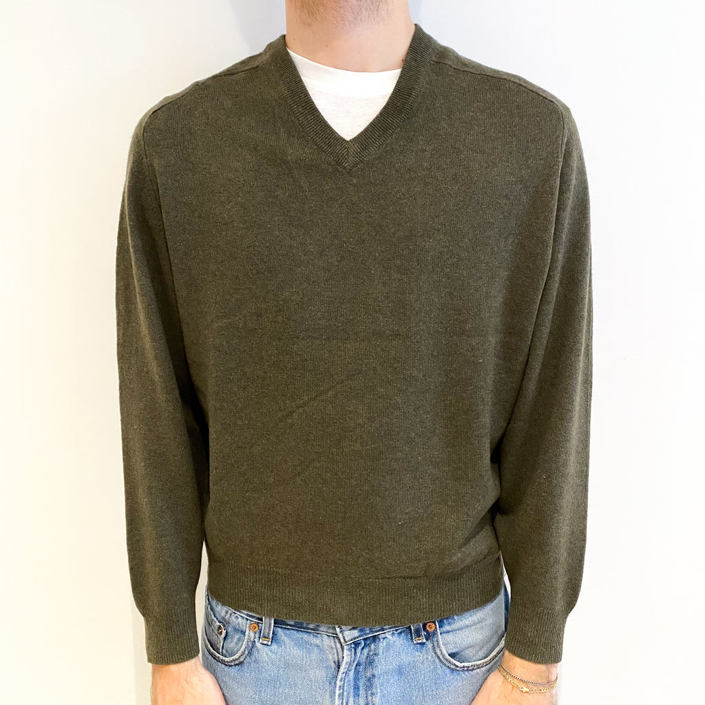 Men's Olive Green Cashmere V Neck Jumper Large Short