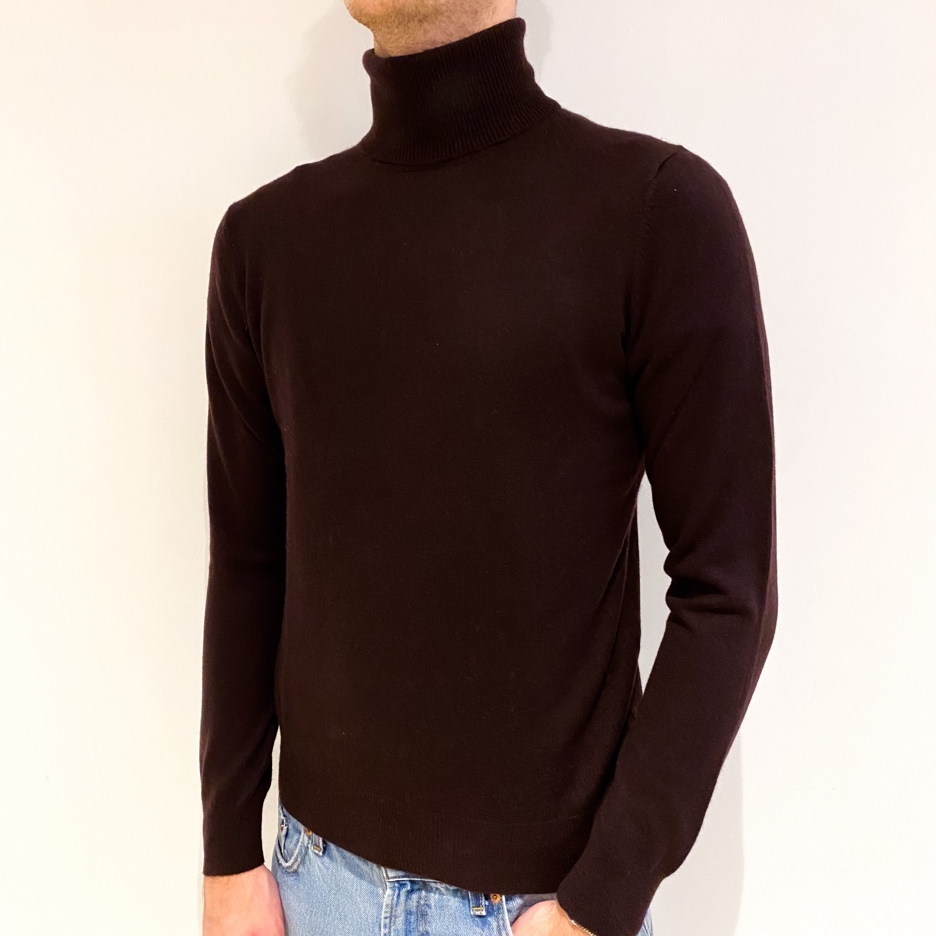 Men's Aubergine Purple Cashmere Polo Neck Jumper Medium