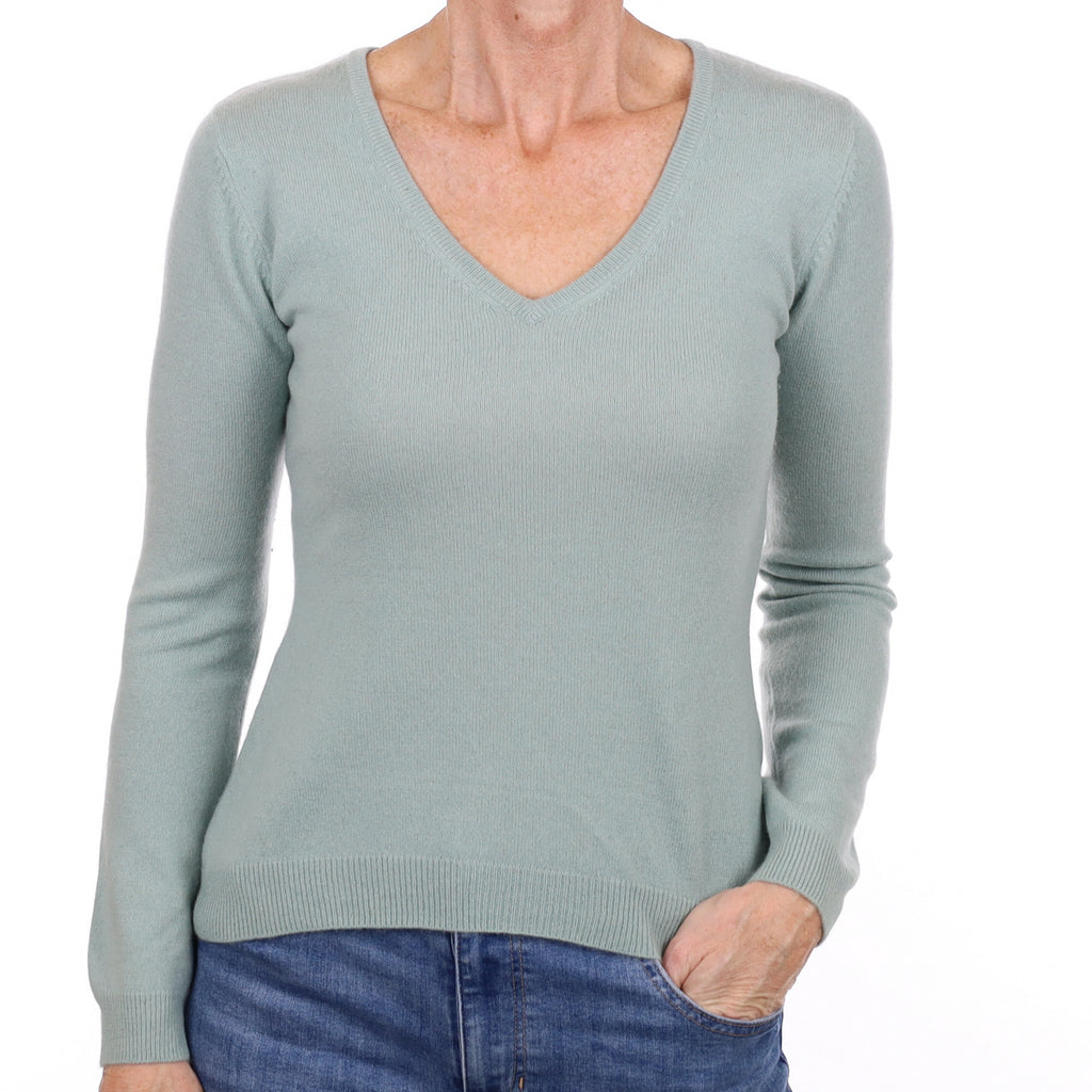Duck Egg Green Cashmere V Neck Jumper Small