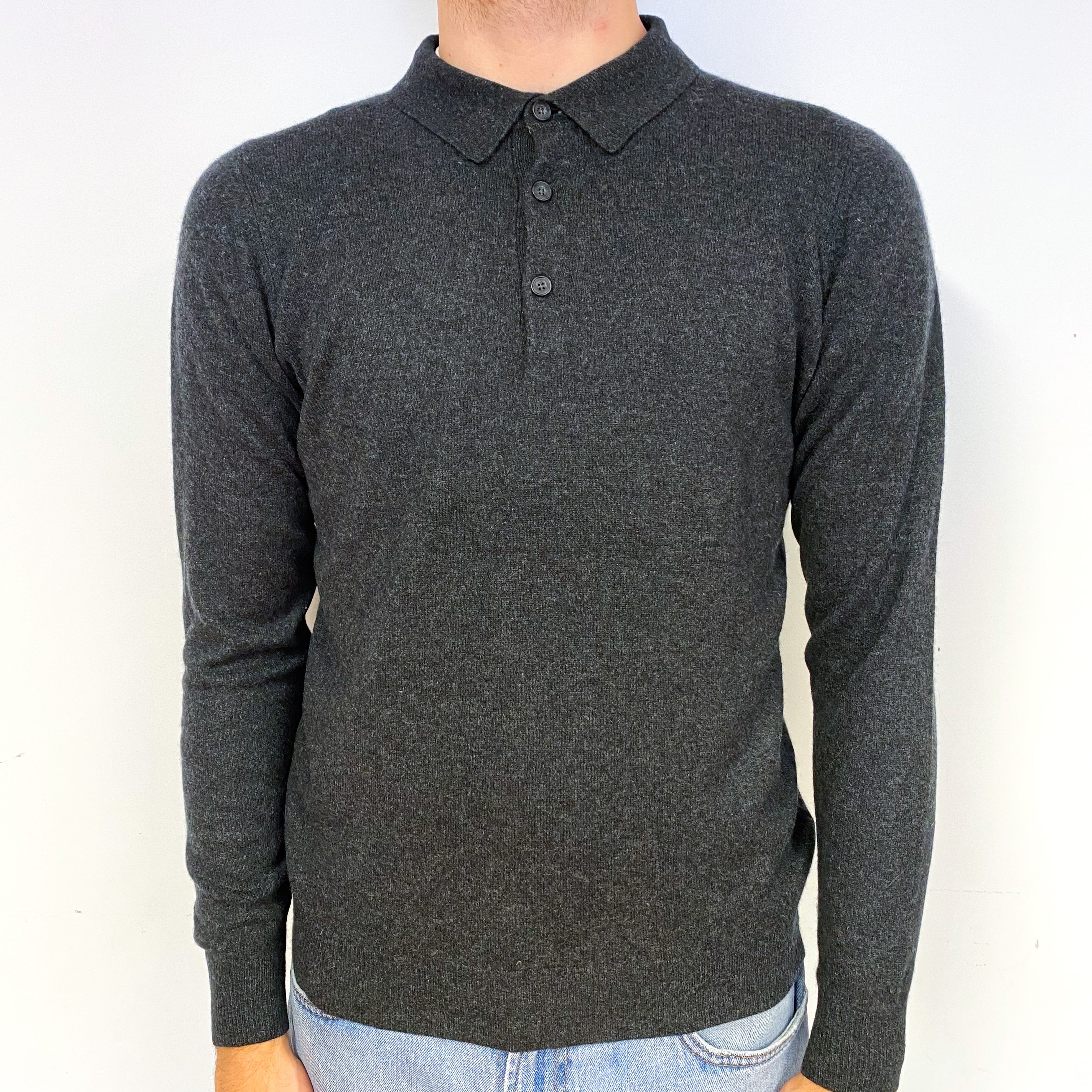 Men's Charcoal Grey Cashmere Collared 1/4 Button Jumper Medium