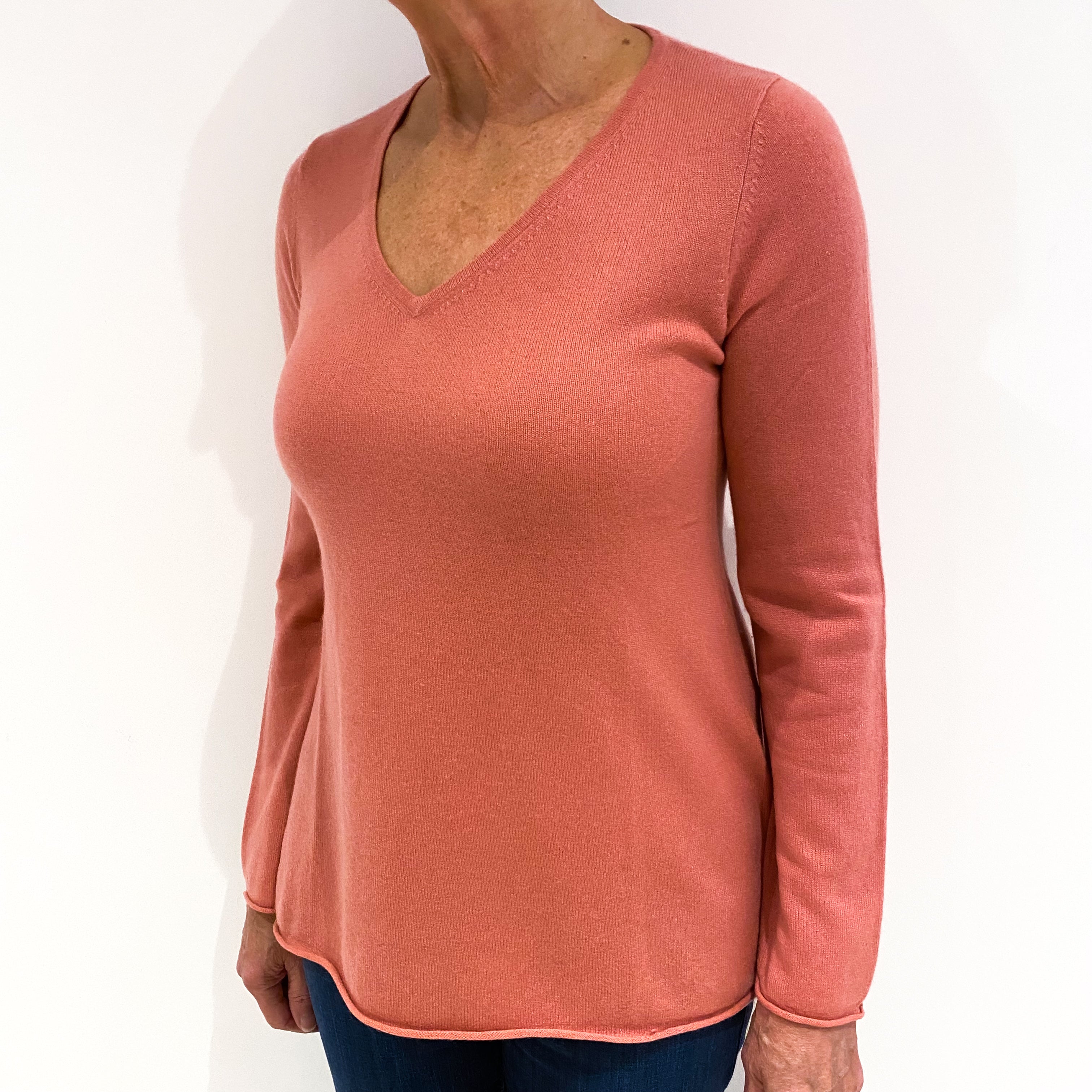 Salmon Pink Cashmere V-Neck Jumper Medium