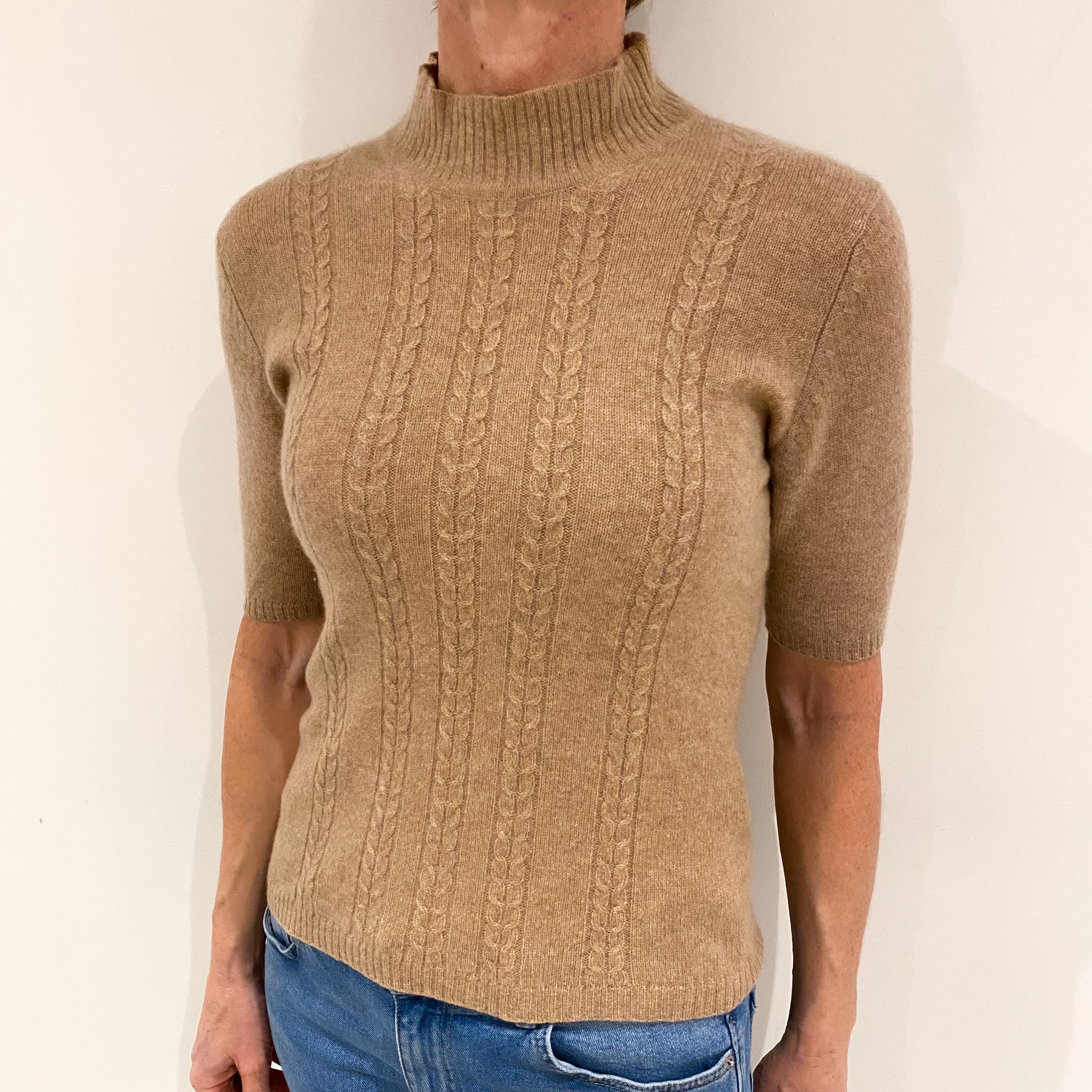 Caramel Brown Cashmere Short Sleeved Turtle Neck Jumper Small