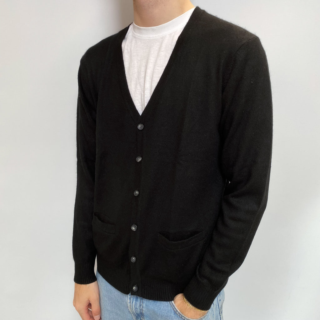 Men's Black Cashmere V Neck Cardigan  Medium