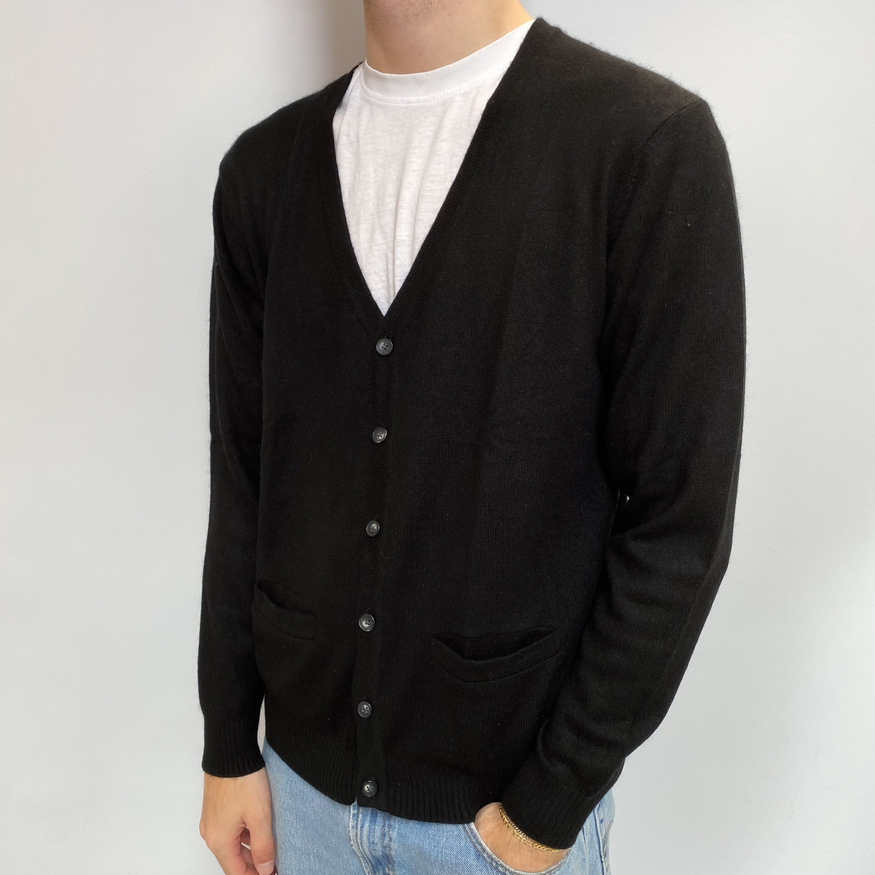 Men's Black Cashmere V Neck Cardigan  Medium