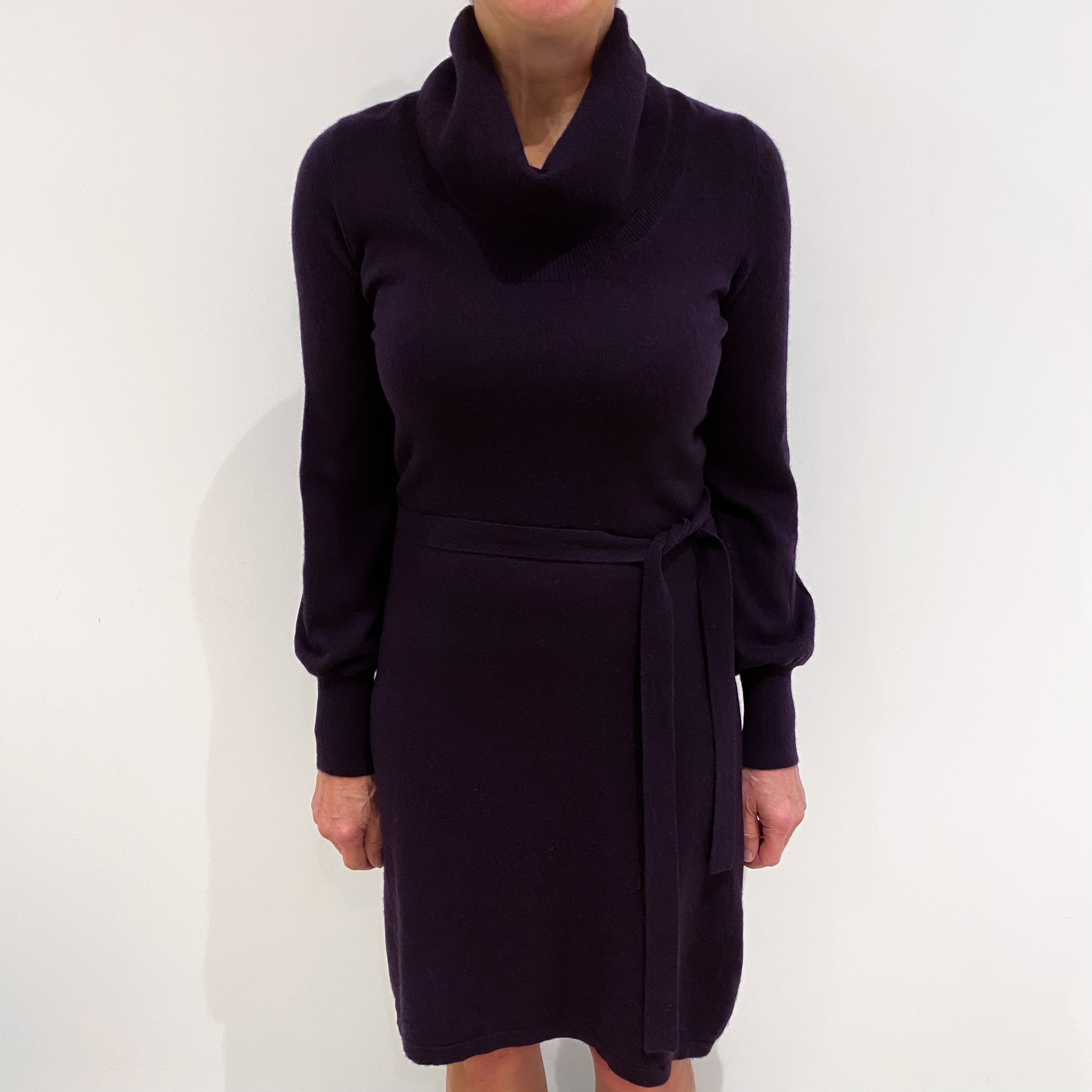 Deep Purple Cashmere Polo Neck Belted Dress Medium