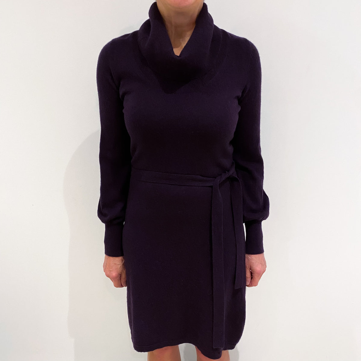 Deep Purple Cashmere Polo Neck Belted Dress Medium