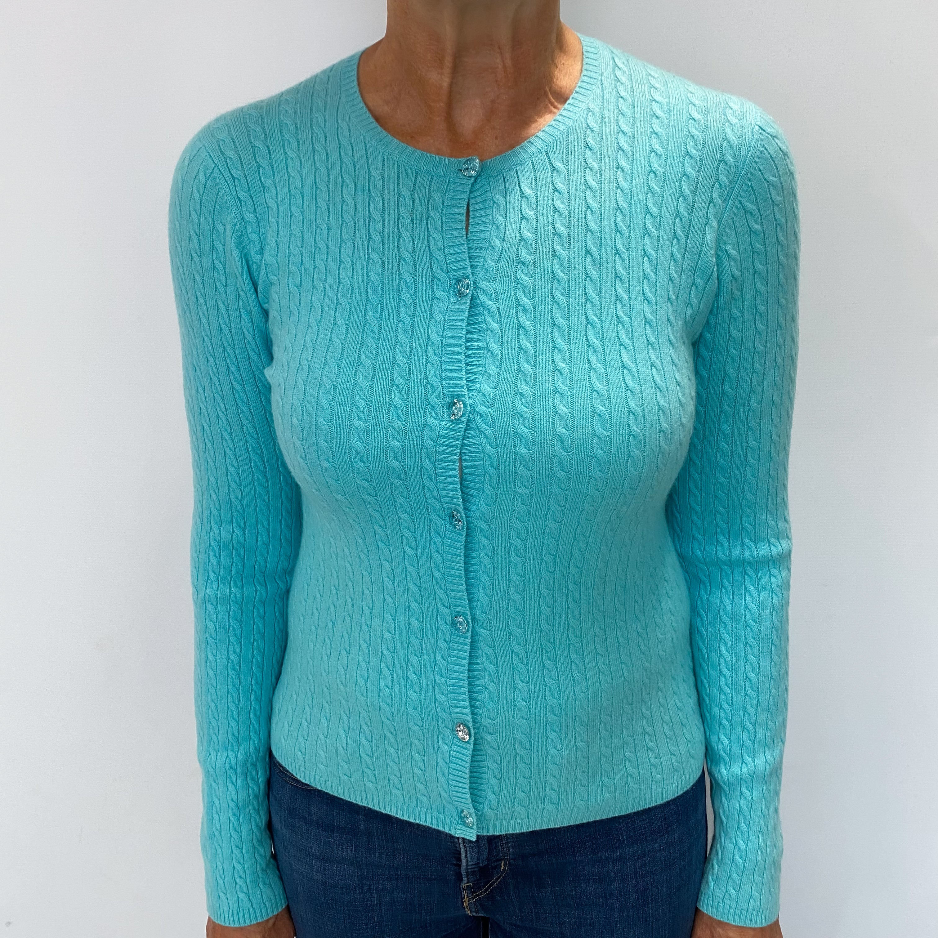 Pale Aqua Blue Cashmere Crew Neck Cardigan Medium