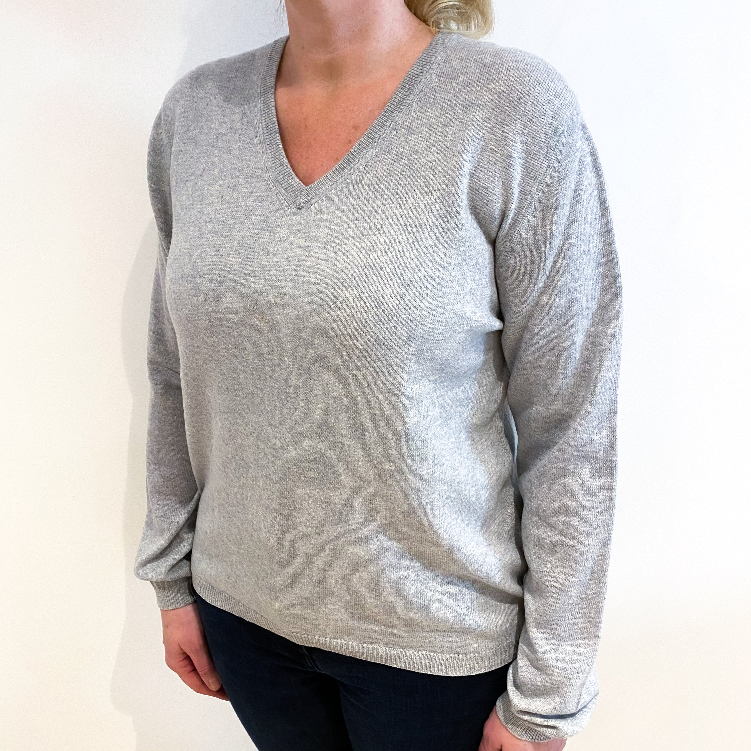 Smoke Grey Cashmere V Neck Jumper Large