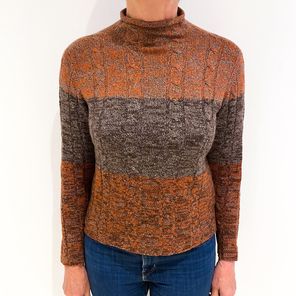 Rust Brown Marl Cashmere Funnel Neck Cable Knit Jumper Medium