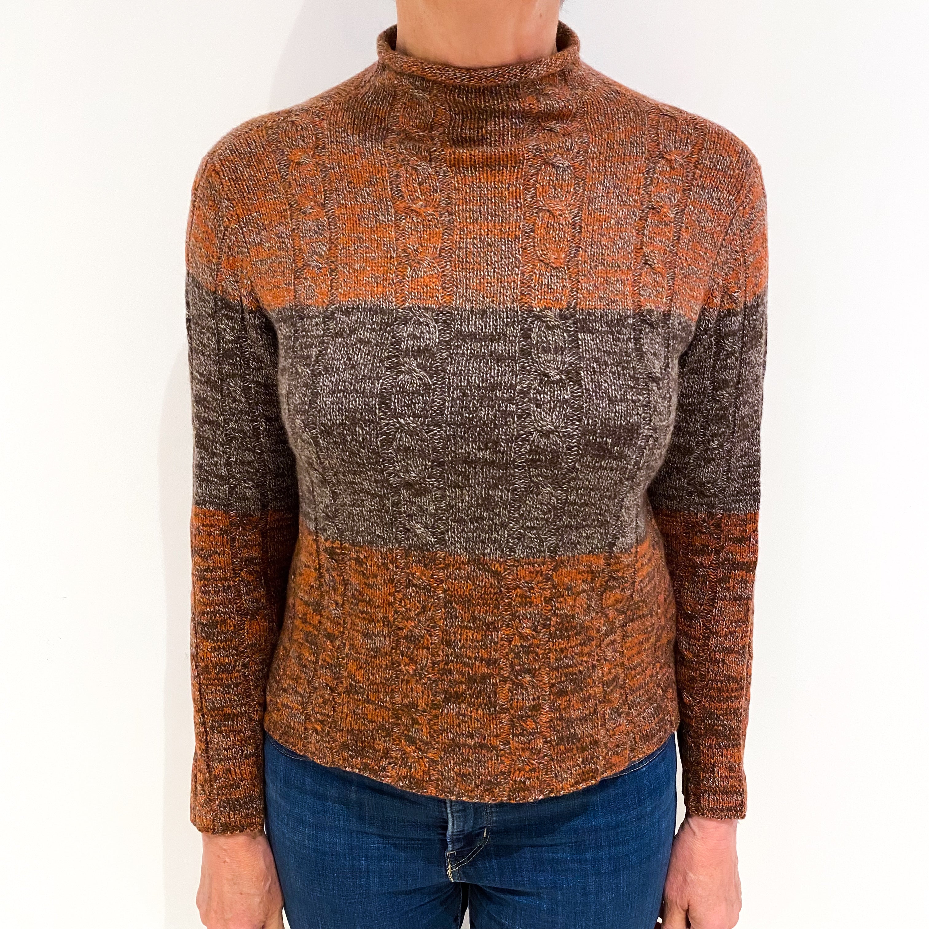 Rust Brown Marl Cashmere Funnel Neck Cable Knit Jumper Medium